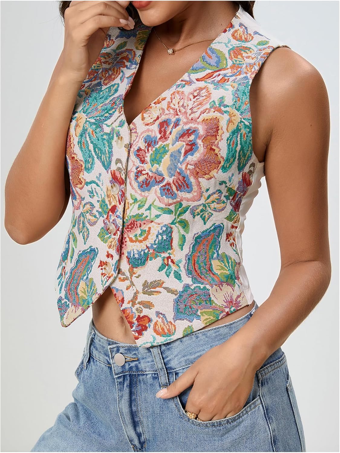 MakeMeChic Women's Boho Western Vest Tops Floral Embroidery Sleeveless V Neck Button Down Jacket Waistcoat - Image 3