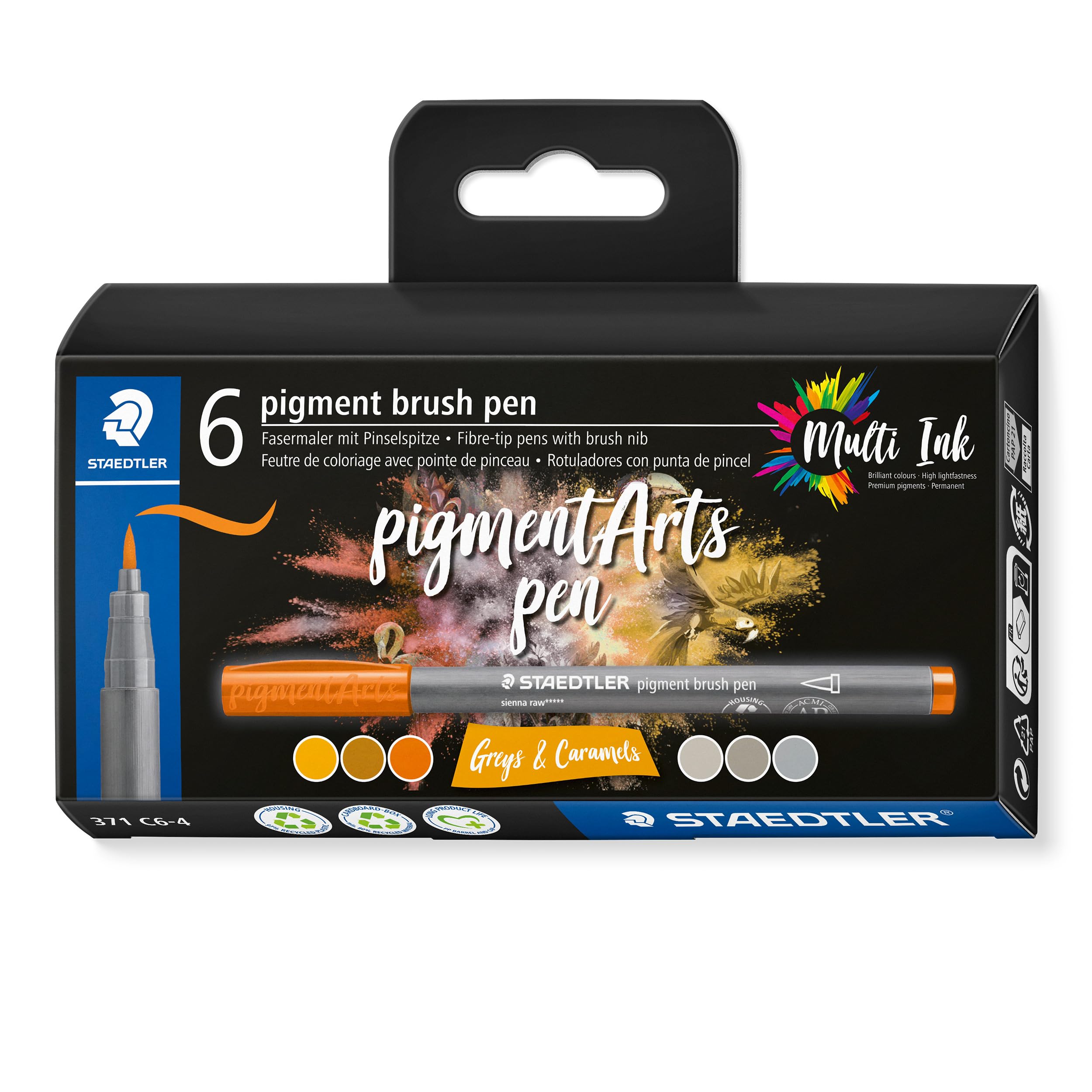 STAEDTLER 371 C6-4 Pigment Arts Brush Pen - Assorted Grey & Caramel Colours (Pack of 6), Greys & Caramels, 6 count (Pack of 1)