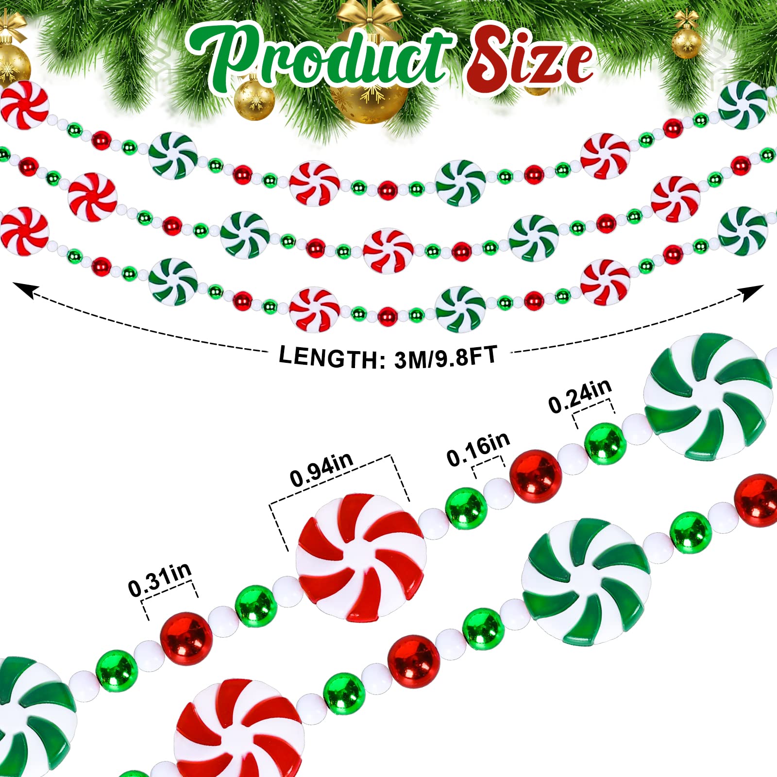 Whaline Weihnachtsbaum-Süßigkeiten-Girlande, künstliche Acryl-Pfefferminze, Süßigkeiten, Weihnachtsgirlande, Dekoration, rot, weiß, grün, Perlen, Gastgeschenke, Weihnachtsdekoration