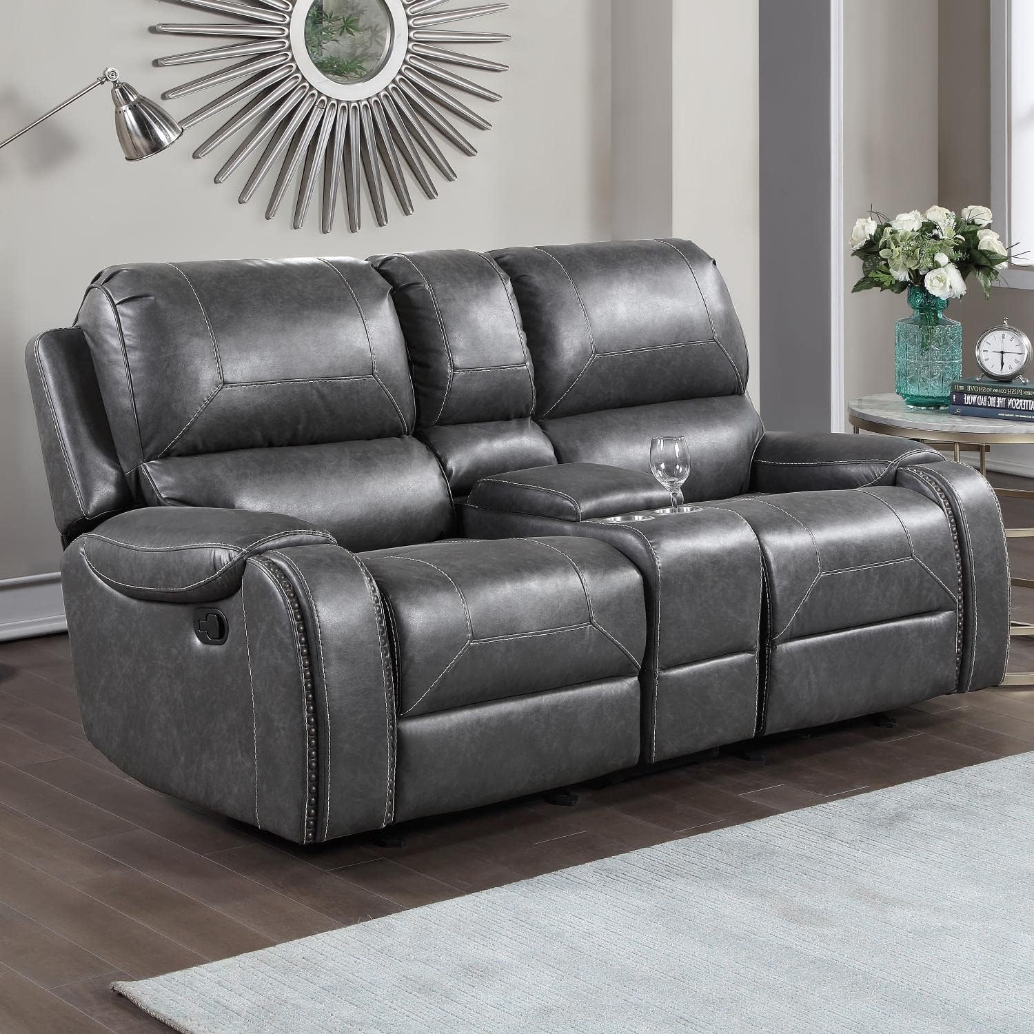 Steve Silver Keily Gray Manual Console Motion Glider Love Seats, Double Reclining Loveseat, 2 USB Charging Ports, 2-Cup Holders, for Living Room, Office, Home Theater, 39" D x 78" W x 41" H, Grey