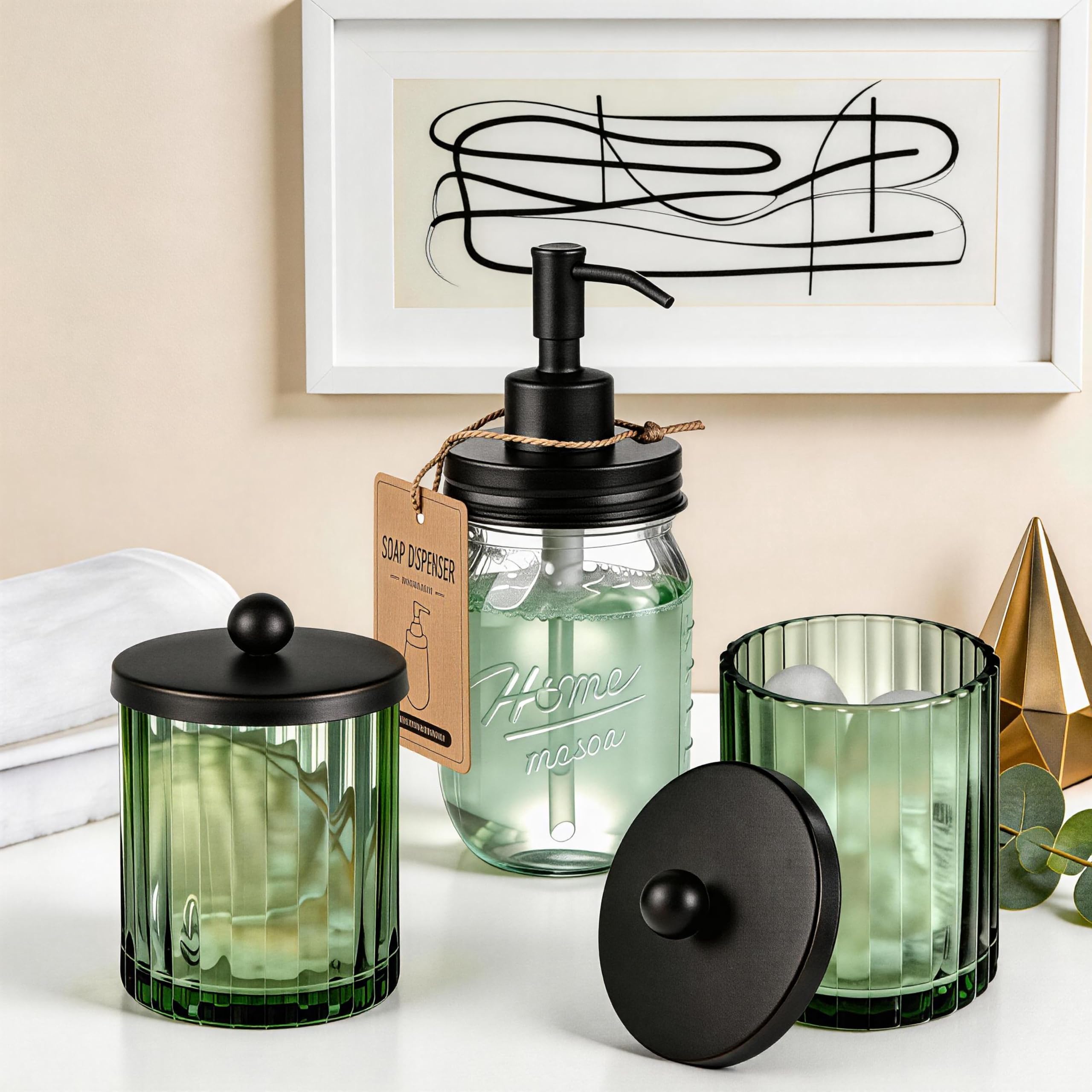 Green Glass Apothecary Jars - Qtip Holder -8 Green Glass Apothecary Jars - Qtip Holder -8