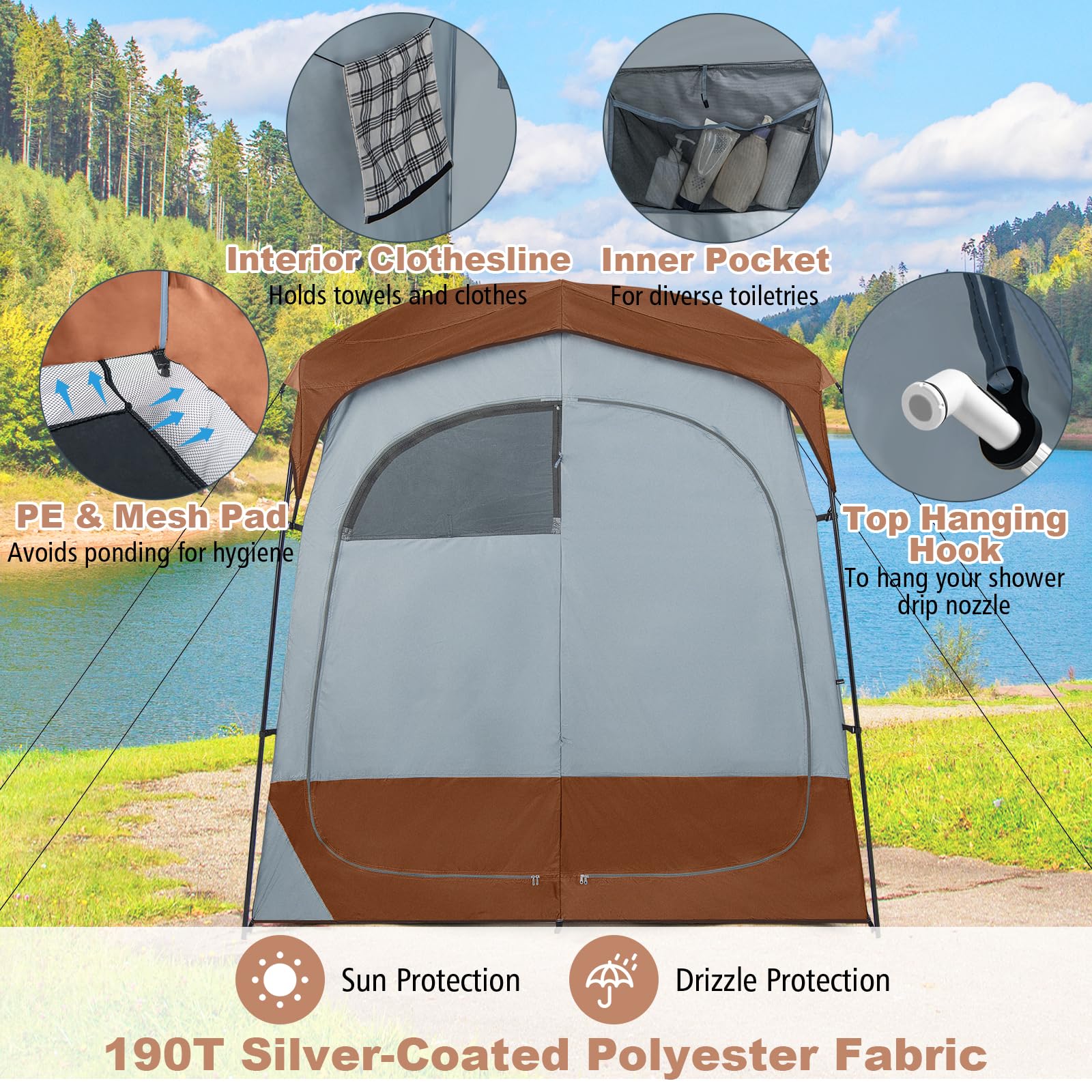 HOMASIS Tente de Douche Double pour Camping, Tente de Salle de Bain pour WC avec Fenêtre, Poche de Rangement, Crochet et Sac de Transport, Vestiaire Portable pour Plage, Randonnée, Pêche