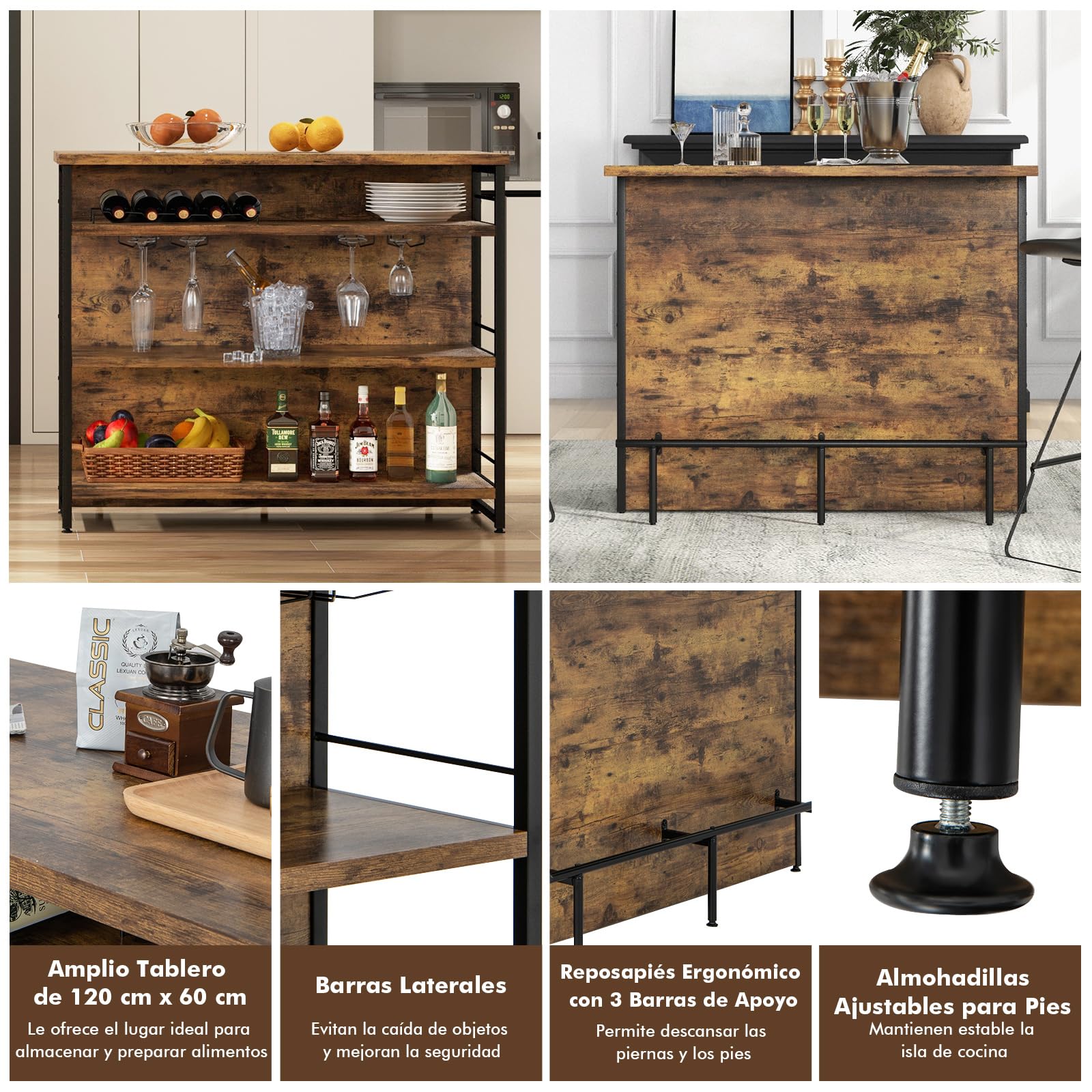 COSTWAY Mesa Barra Cocina Alta, Armario de Barra de Licor de 4 Niveles con 3 Estantes Abiertos, Soportes para Vino y Copas, Isla de Cocina con Reposapiés y Almohadillas Ajustables para Pies (Marrón)
