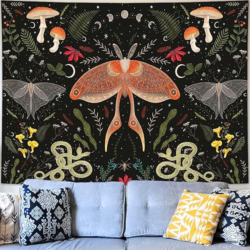 Miniatura 3 de Tapiz de plantas, tapiz de polilla, decoración estética de habitación, tapiz de fase lunar natural, tapiz para colgar en la pared, tapiz floral