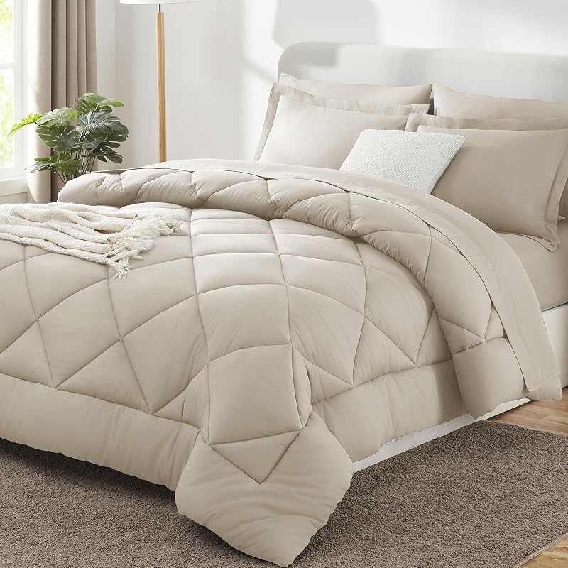 California King Size Comforter Set Oatmeal - 7 Pieces Bed in a Bag | OEKO-TEX Certified, All Season, 240GSM Down-Alternative Comforter, Sheets, Pillowcases & Shams, 14" Deep Pocket, Easy Care