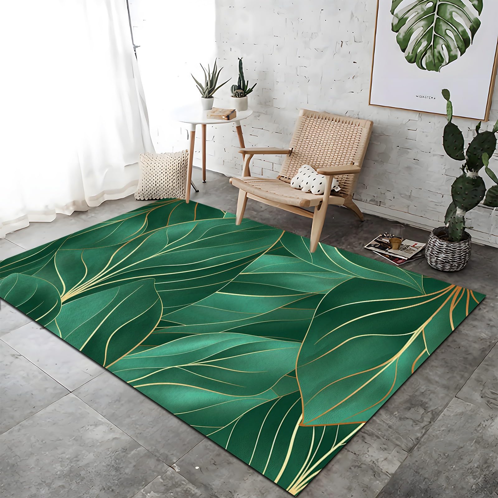 Tapis lavable 120 x 160 cm vert aux motifs géométriques de feuilles de plantes