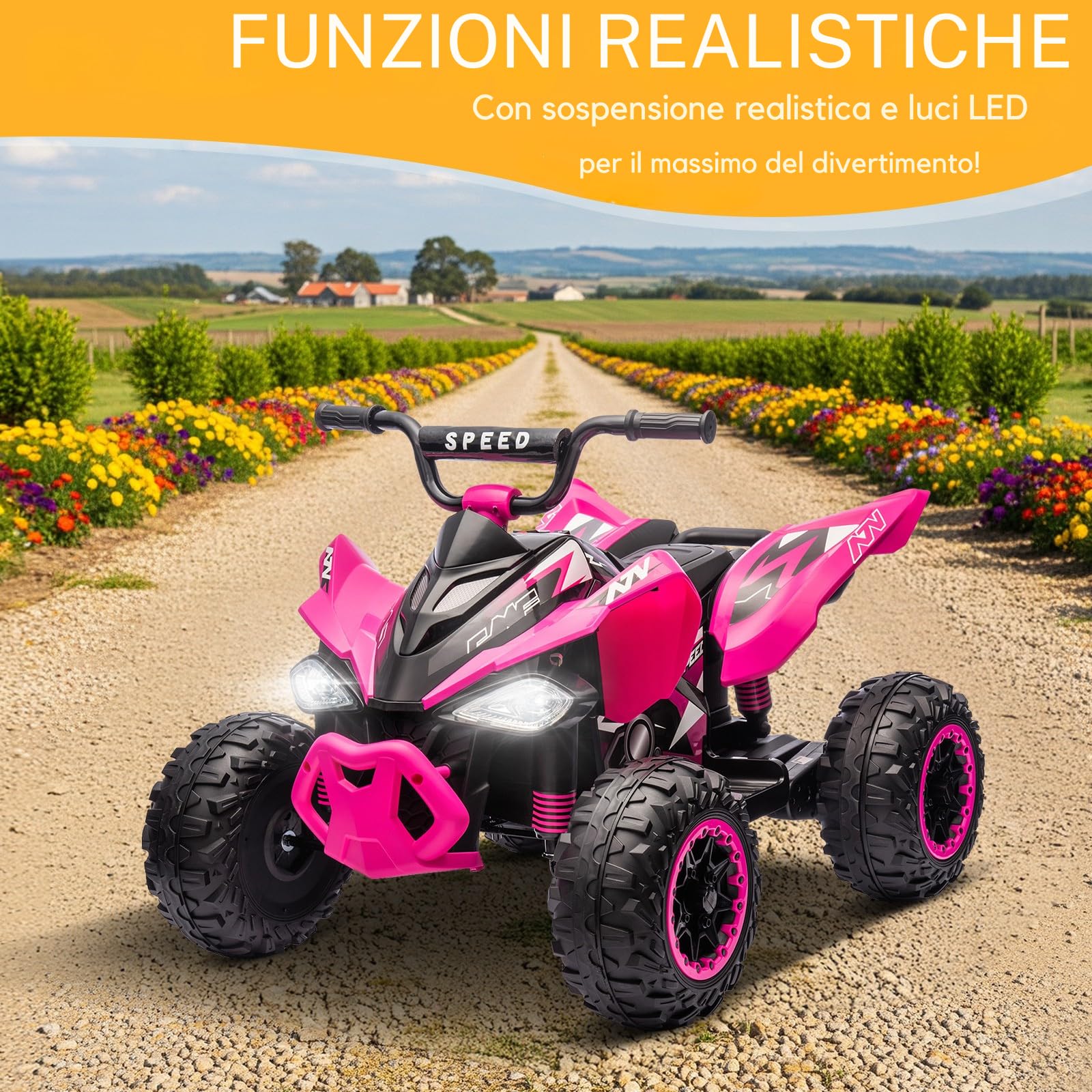 LALAHO Quad Elettrico per Bambini 12V ATV con Doppi Motori, Veicolo per bambini con fari LED, musica e clacson, auto elettrica con 4 ruote antiscivolo, per bambini dai 3 agli 5 anni (Rosa)