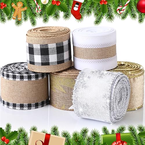 6 rollos de cintas navideñas con alambre de 32 yardas, cinta multicolor de búfalo a cuadros, cinta de arpillera con borde con alambre, cinta de