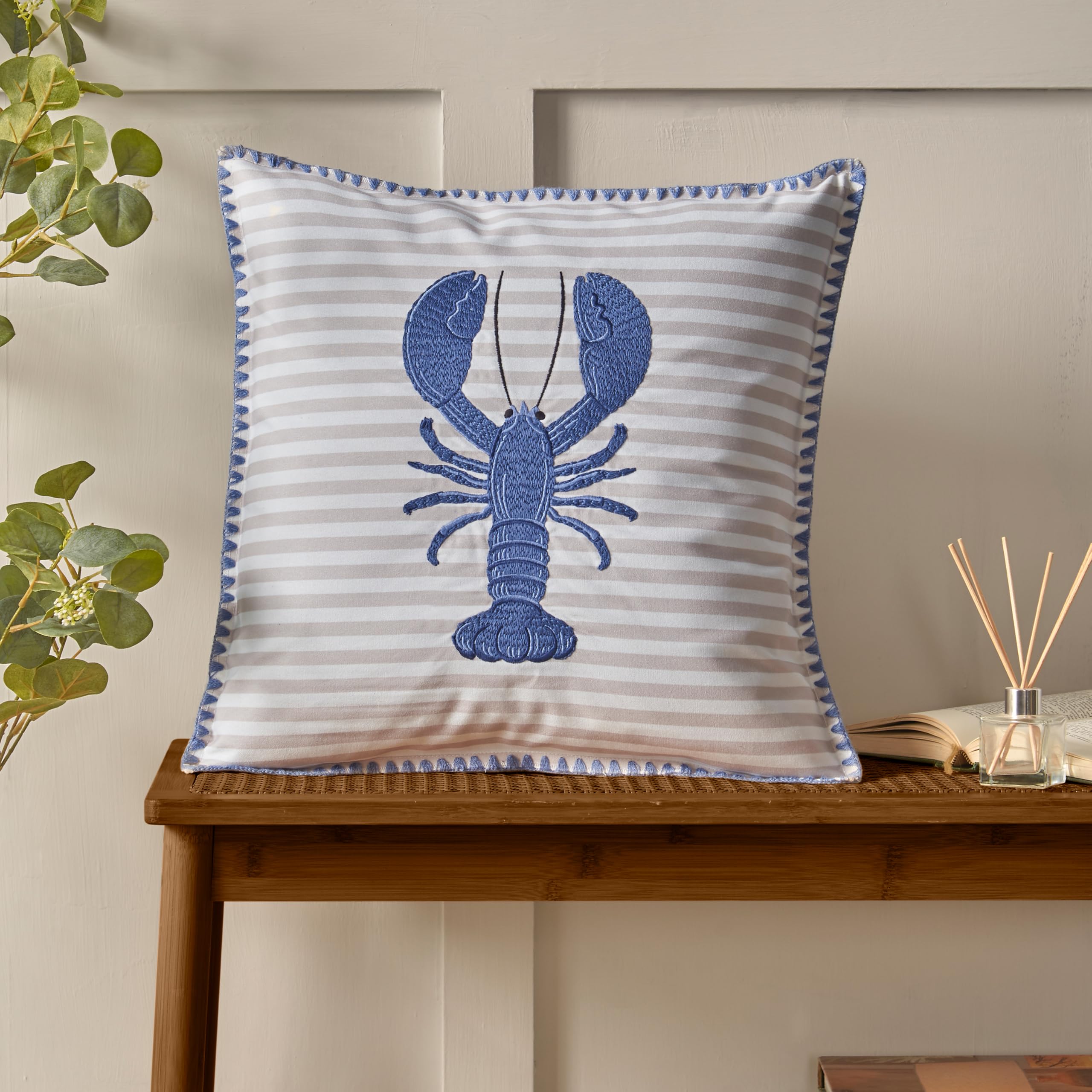 Catherine Lansfield 'Lobster' Embroidered Cushion in Blue | Size: 45cm x 45cm