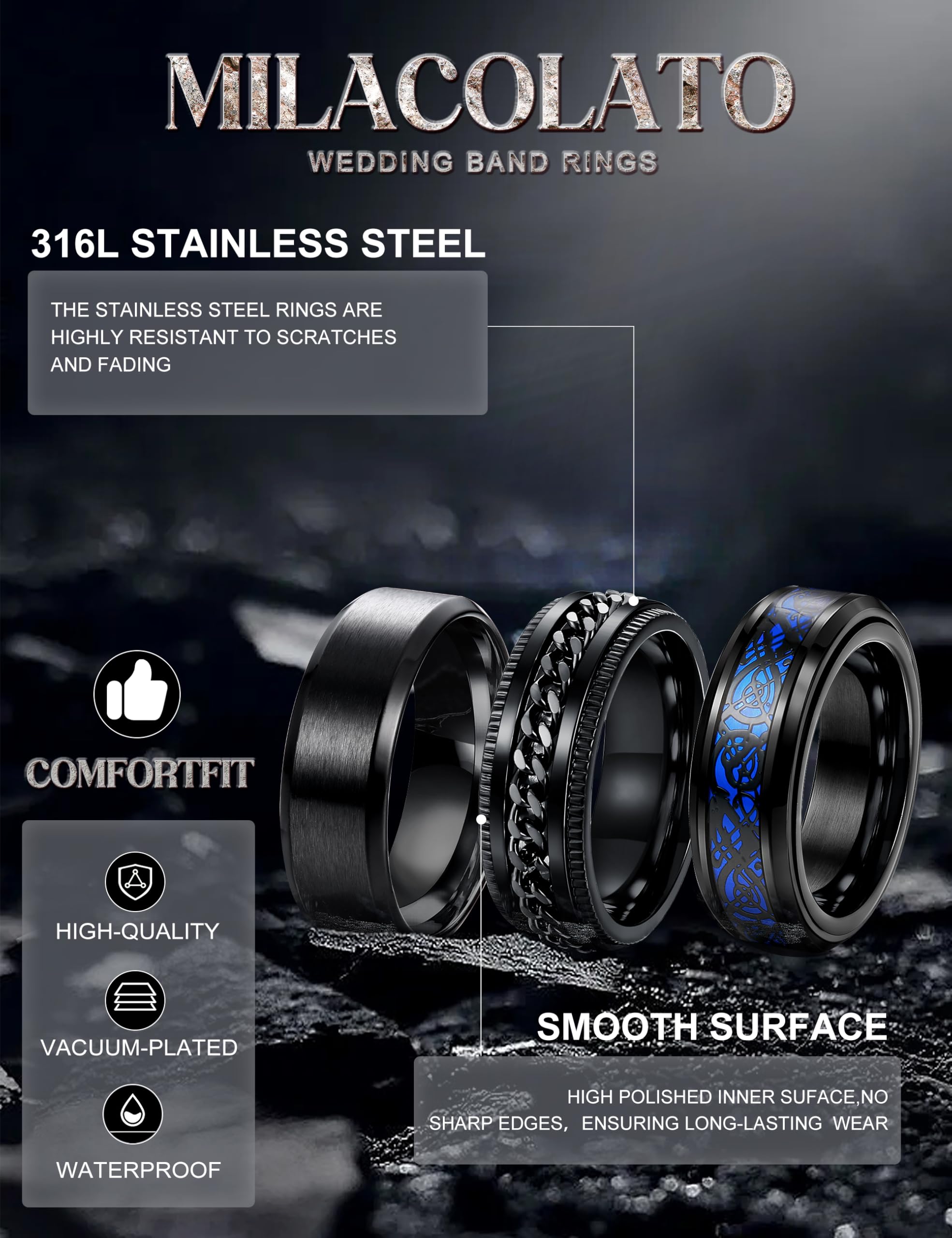 Milacolato 3 Anello Uomo Nero Acciaio Inossidabile Anello Antistress Cool Catena Ritorta Ferma Anello Celtico Drago Fascia Anello Spinner Anelli Apribottiglie di Birra, Larga 8mm