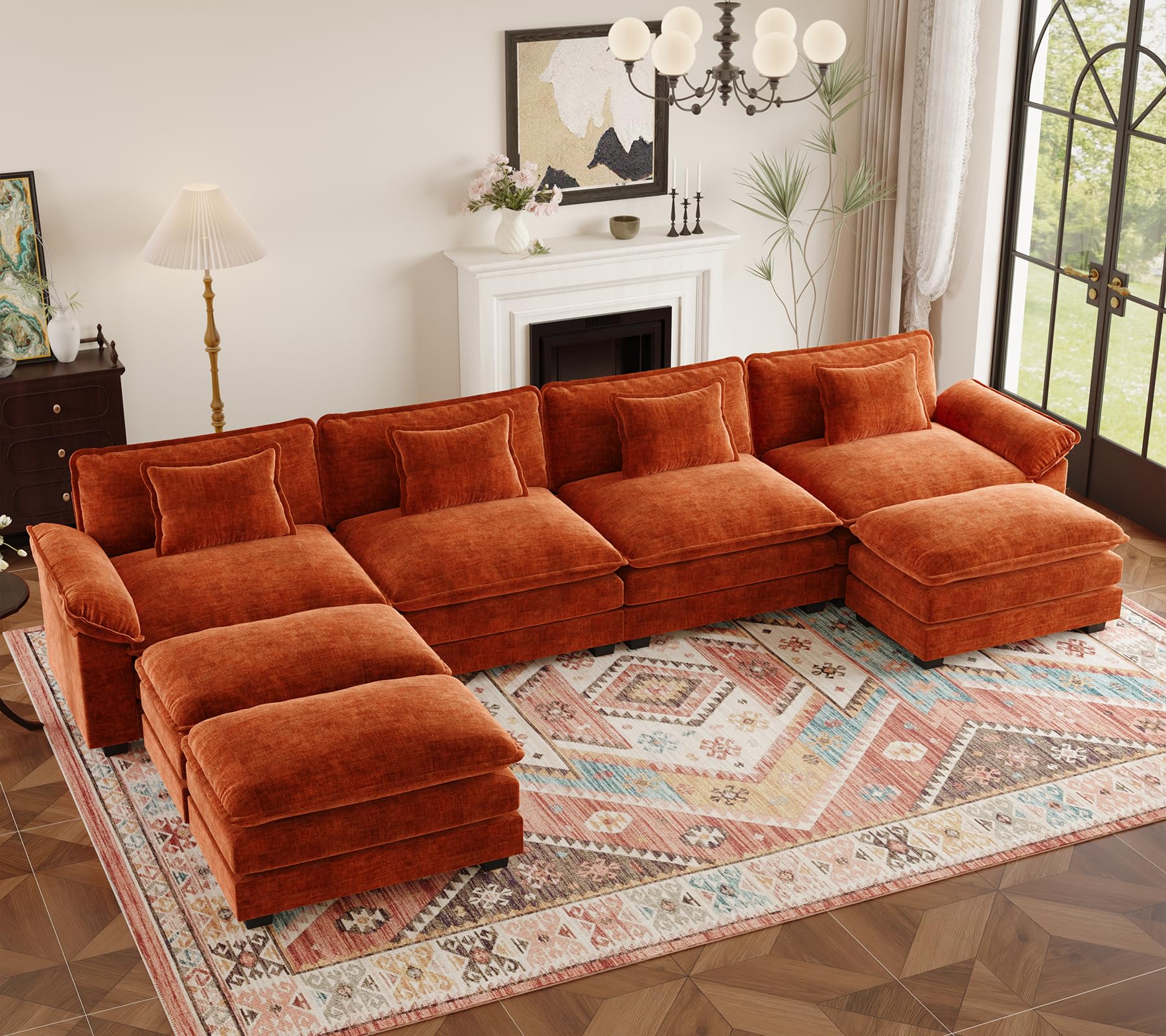 HUSFU 154" Cloud Couch, Modular Sectional Sofa with Ottoman, 4-Seat Modern Chenille Upholstered U-Shaped Deep Seat Sofa Couch for Living Room, Bedroom