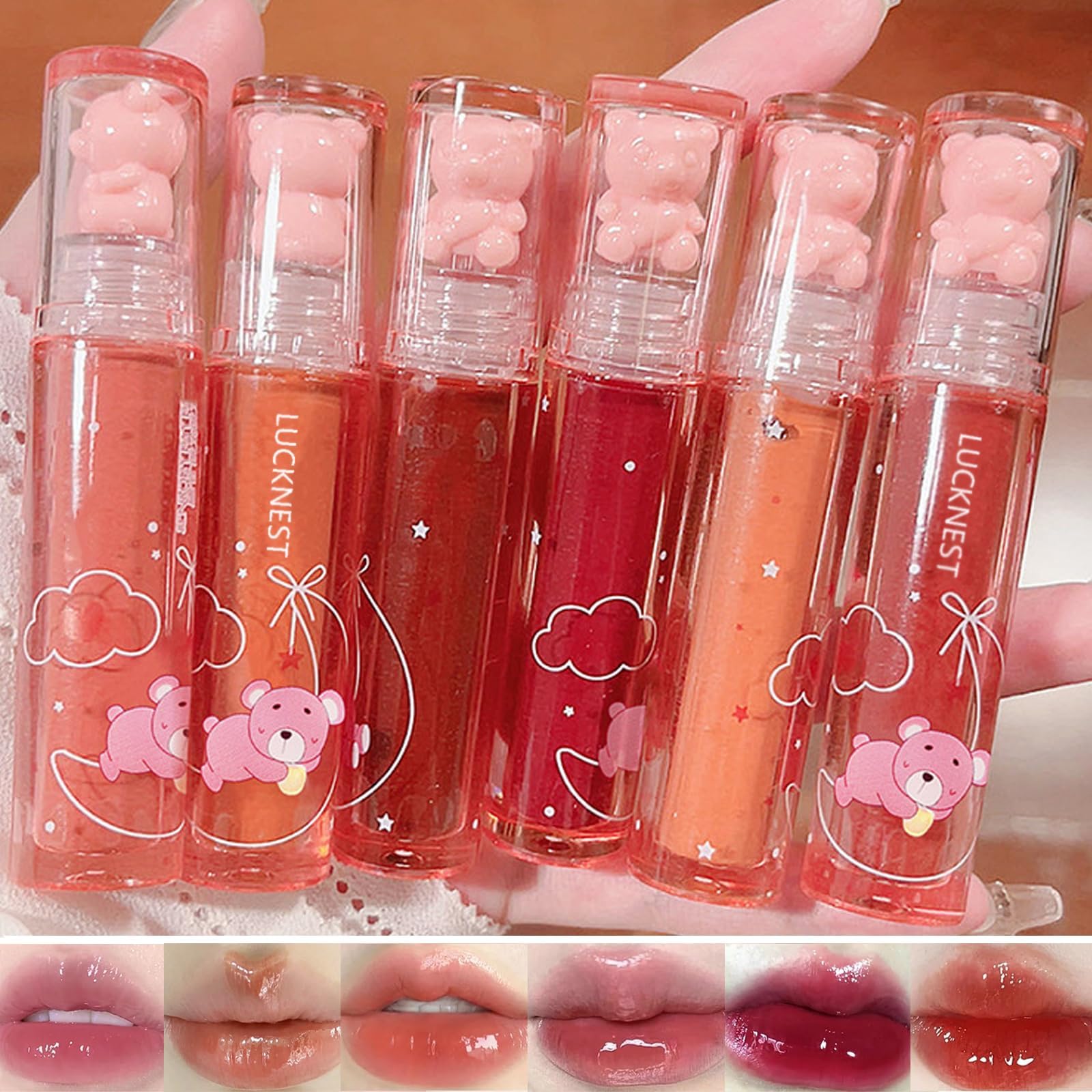 6Pcs Bear Lip Glaze Jelly Lipstick, Liquid Lipstick Cute Bear Lipgloss Moisturizing Lip Stain Plumping Water Lip Gloss Waterproof Long Lasting Cheek Rouge Tint Cosmetics Beauty Makeup