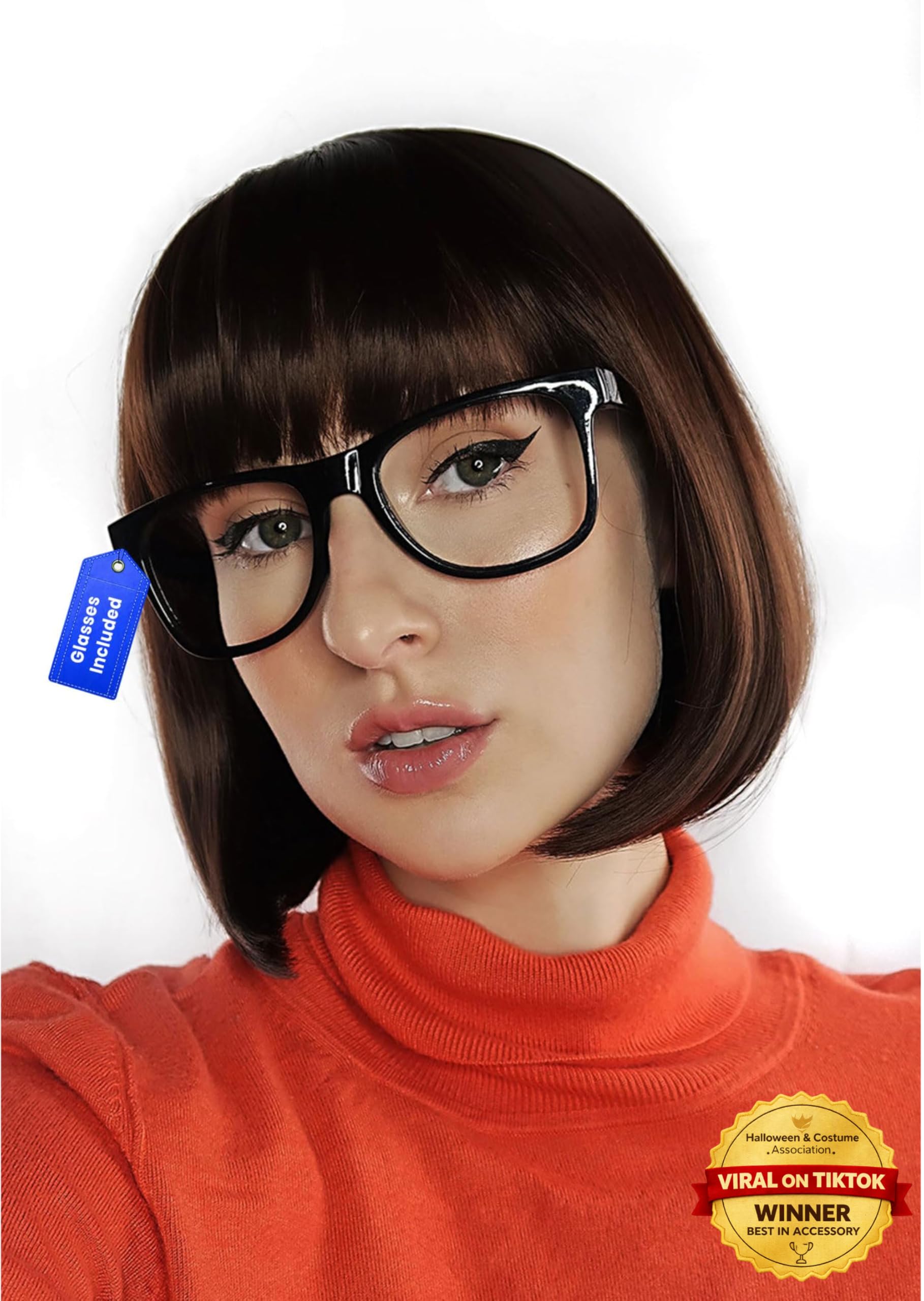 ALLAURA Compatible with Velma Wig – Brown Bob Wig with Glasses for Women – Cosplay, Flapper Wig with Bangs, Cartoon Detective Look, Halloween Costume, Dora Style, Retro Nerdy Outfit Accessory