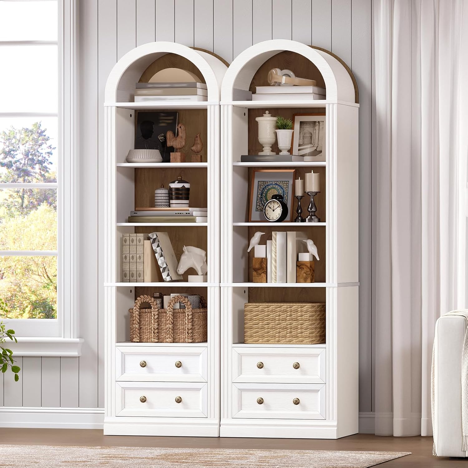 RALGEND Tall Narrow Bookshelf, Arched Bookshelf with 2 Drawers, 7-Tier Farmhouse Arch Bookcase, Wooden Book Shelf with Open Display Shelves for Office, Living Room, Kitchen, White and Walnut