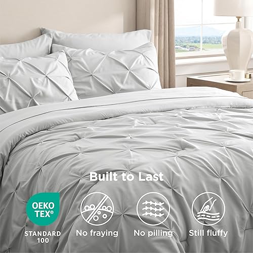 Miniatura 8 de Bedsure Juego de edredón individual con sábanas, juego de ropa de cama individual de 5 piezas, color gris claro plisado, cama individual en una