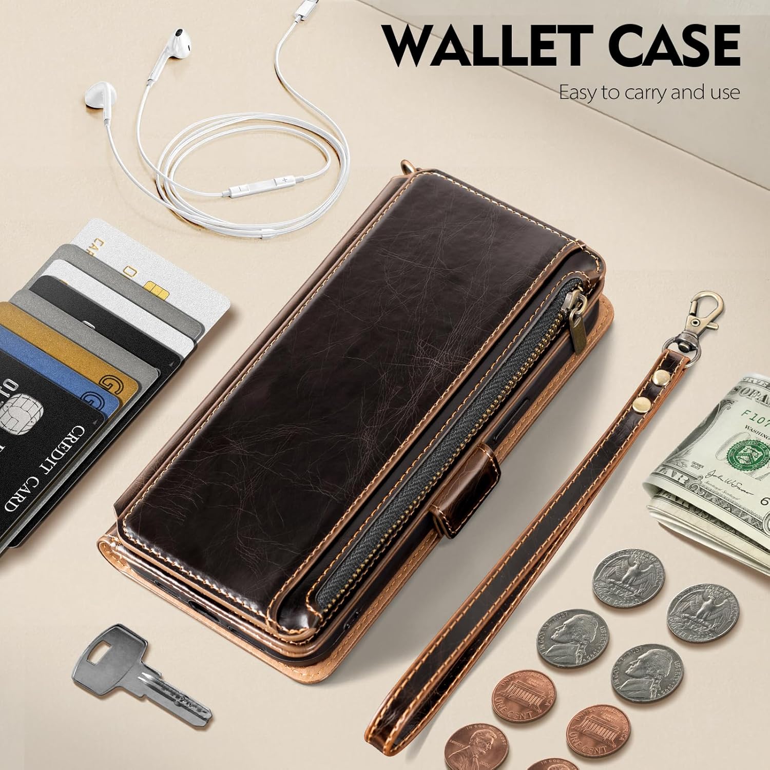 Antsturdy Compatible with iPhone 16 Pro Wallet Case,RFID Blocking PU Leather Phone Case Women Men Kickstand Flip Cover Wrist Strap Zipper Credit Card Holder Slots for Apple 16 Pro 6.3",Coffee - Image 3