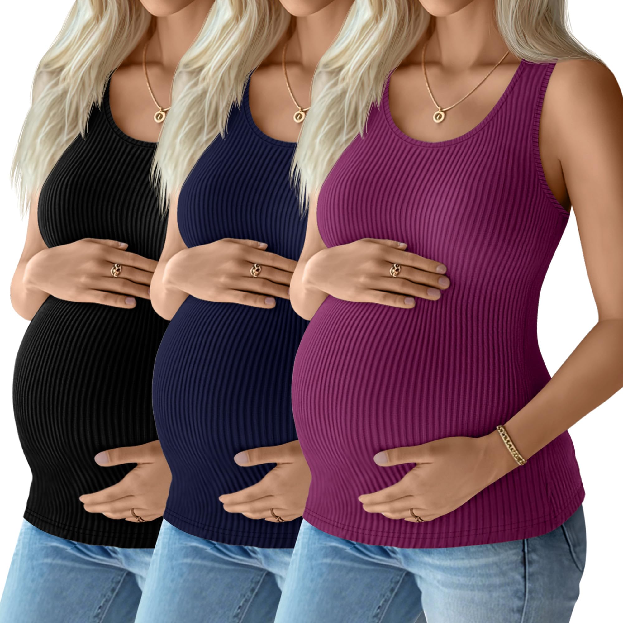 Locoowai 3 Pack Women's Maternity Tank Tops Sleeveless Racerback Summer Pregnancy Shirts Ribbed Knit Mama Clothes