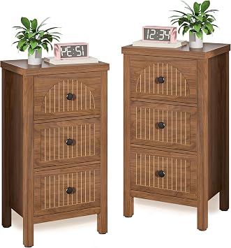 Fluted Nightstand Set of 2, 3 Drawers Bedside Side Tables for Small Space | 15.74 Wide Mid Century Modern Nightstands,Slim Narrow Bedside Table for Bedroom,Living Room,Walnut