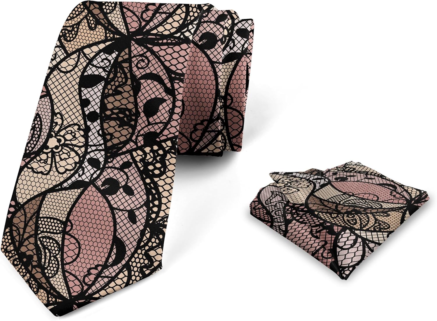 Ambesonne Victorian Men's Tie Set, Black Lace Pattern with Geometric Shapes and Floral Inspirations Vintage Art, Necktie Set Groom Handkerchief for Parties Weddings & All Occasions, Multicolor