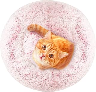 Donut Cat Bed, Faux Fur Dog Beds for Medium Small Dogs - Self Warming Indoor Round Pillow Cuddler Pink & Tan - coolthings.us