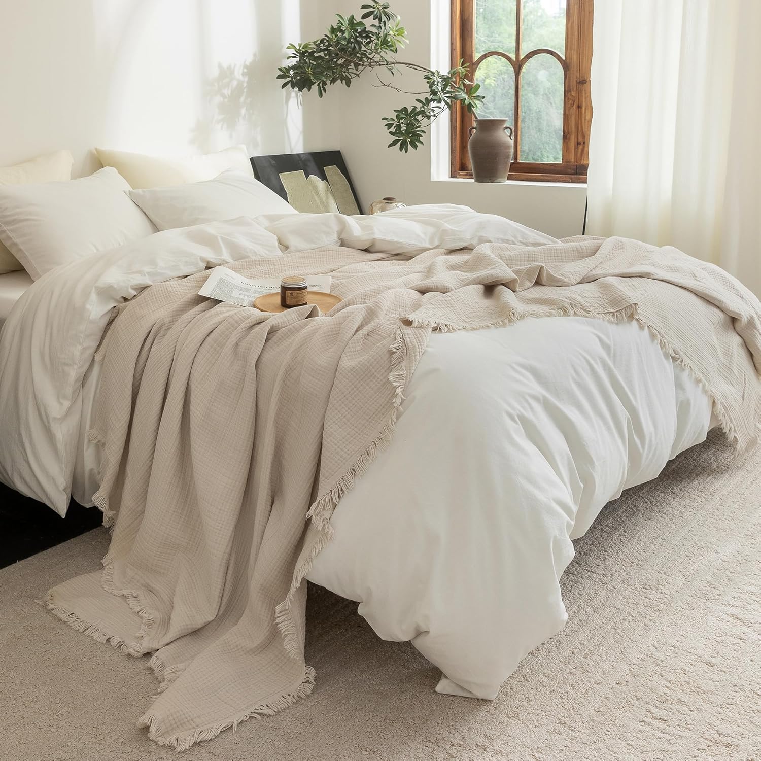 FOSSA Muslin Blanket with Fringe - 4-Layer 100% Cotton Gauze Super Soft & Breathable Throw -Lightweight Decorative Cooling Blanket for Bed, Sofa, Office (Beige, King (104" × 90")) - Image 4