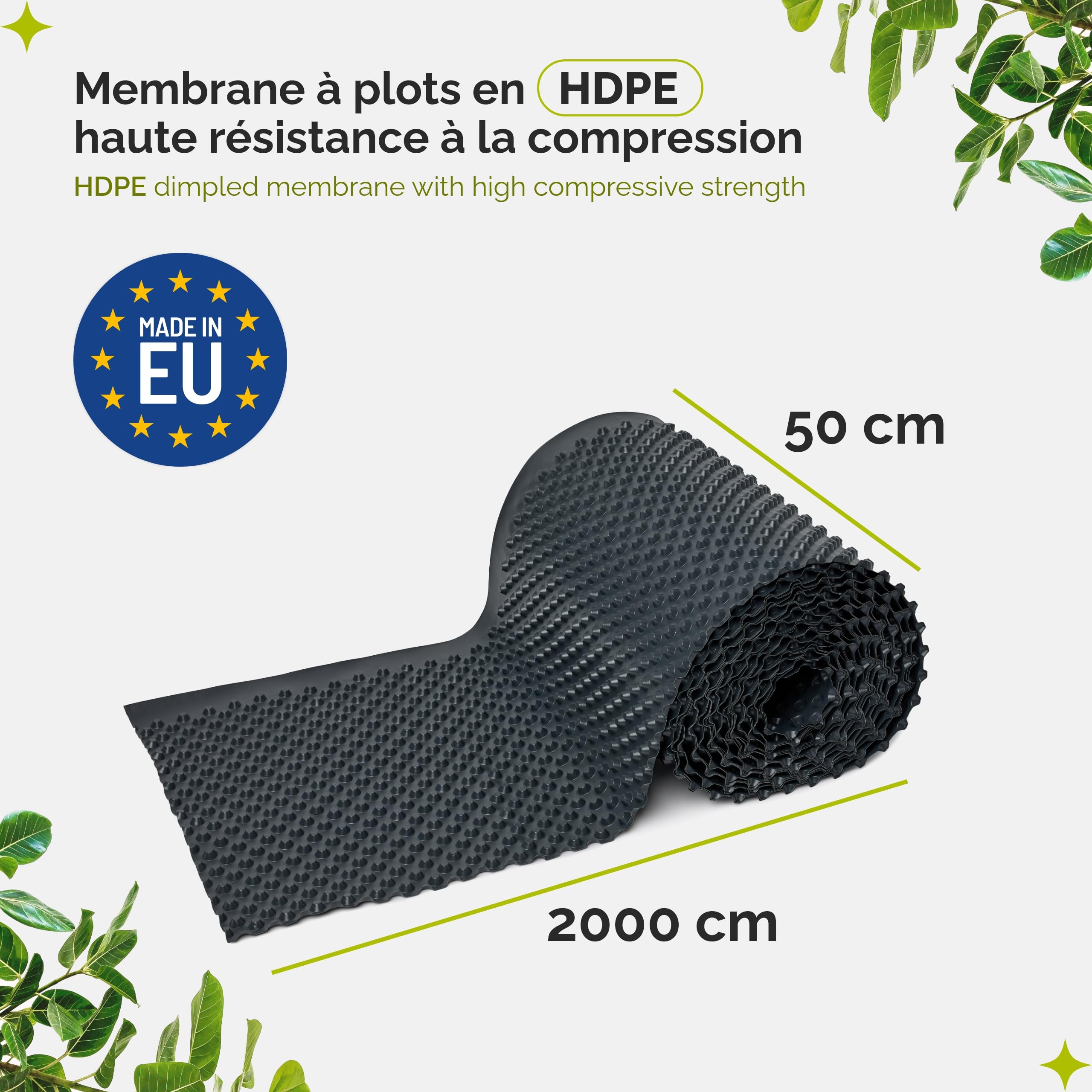 Membrane à plots HDPE 0,5 x 20 m pour Potager surélevé et Jardiniere Exterieur Film de Drainage Protection humidité