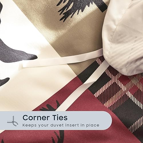 Miniatura 7 de Wake In Cloud - Juego de funda de edredón tamaño King, ropa de cama rústica de cabaña, color rojo burdeos y negro, retazos de Navidad, oso de campo