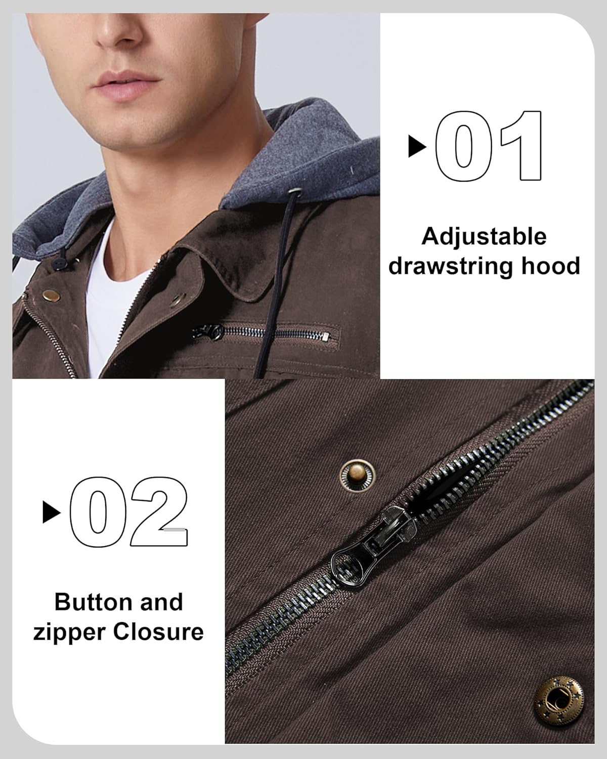 CTFASHION Men's Cotton Lightweight Jacket Military Canvas Field Coat Work Outwear Casual Spring Cargo Jacket with Hooded - Image 2