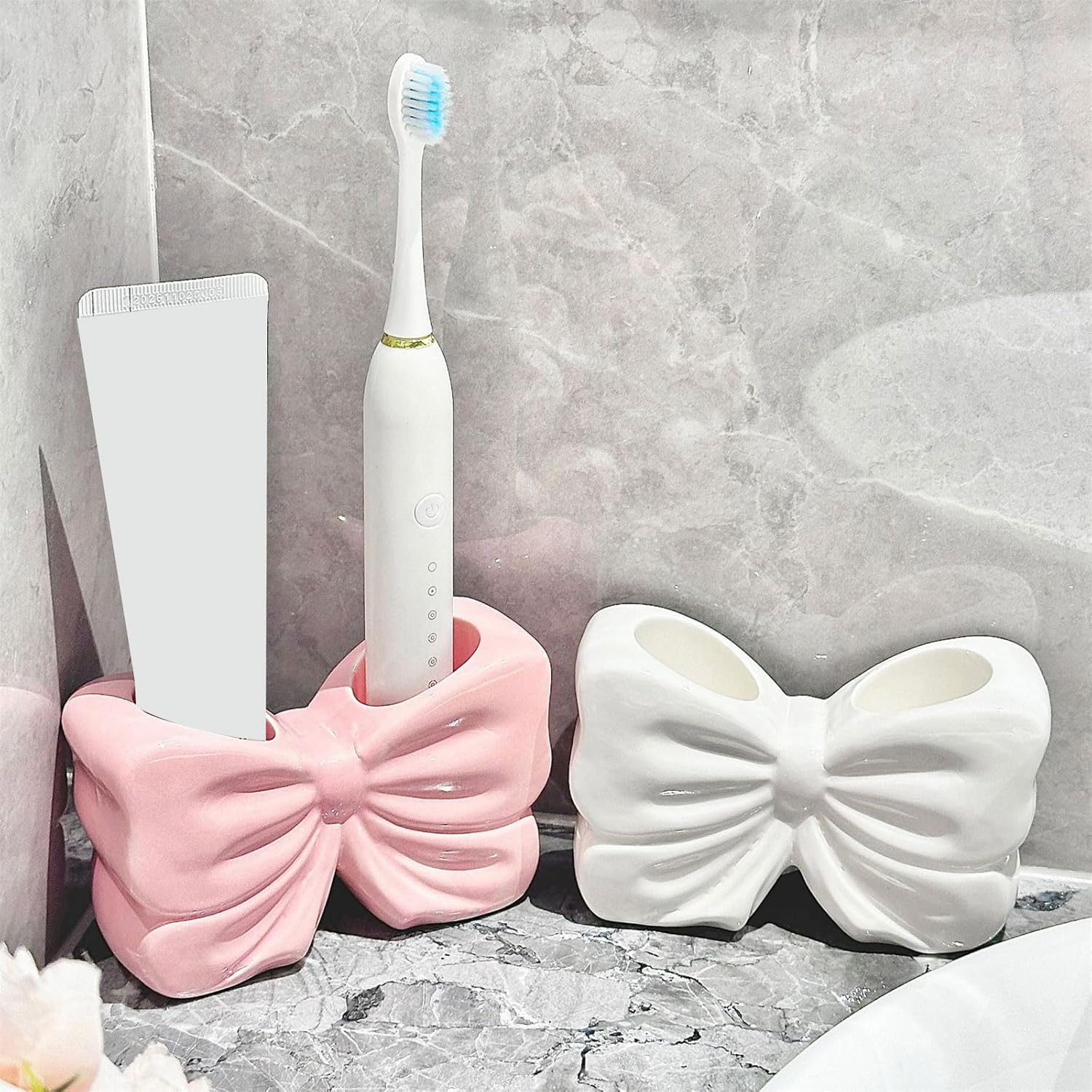 2Pieces Modern Ceramic Toothbrush Holders Rack Bowknot Styles Bathroom Counter Decors for Toothpaste Storage Accessories Toothbrush Holder for Bathroom