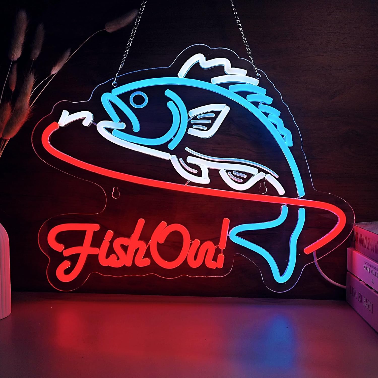 Fish On Neon Sign Go Fishing LED Signs for Wall Deco Fishing Gear Shop Neon Light Dimmable Neon Lights Signs Fish Neon Light Up Sign for Bedroom Living Room Man Cave Yacht Decor Men Gifts（16.1“*12.6”） (White + Blue + Orange)