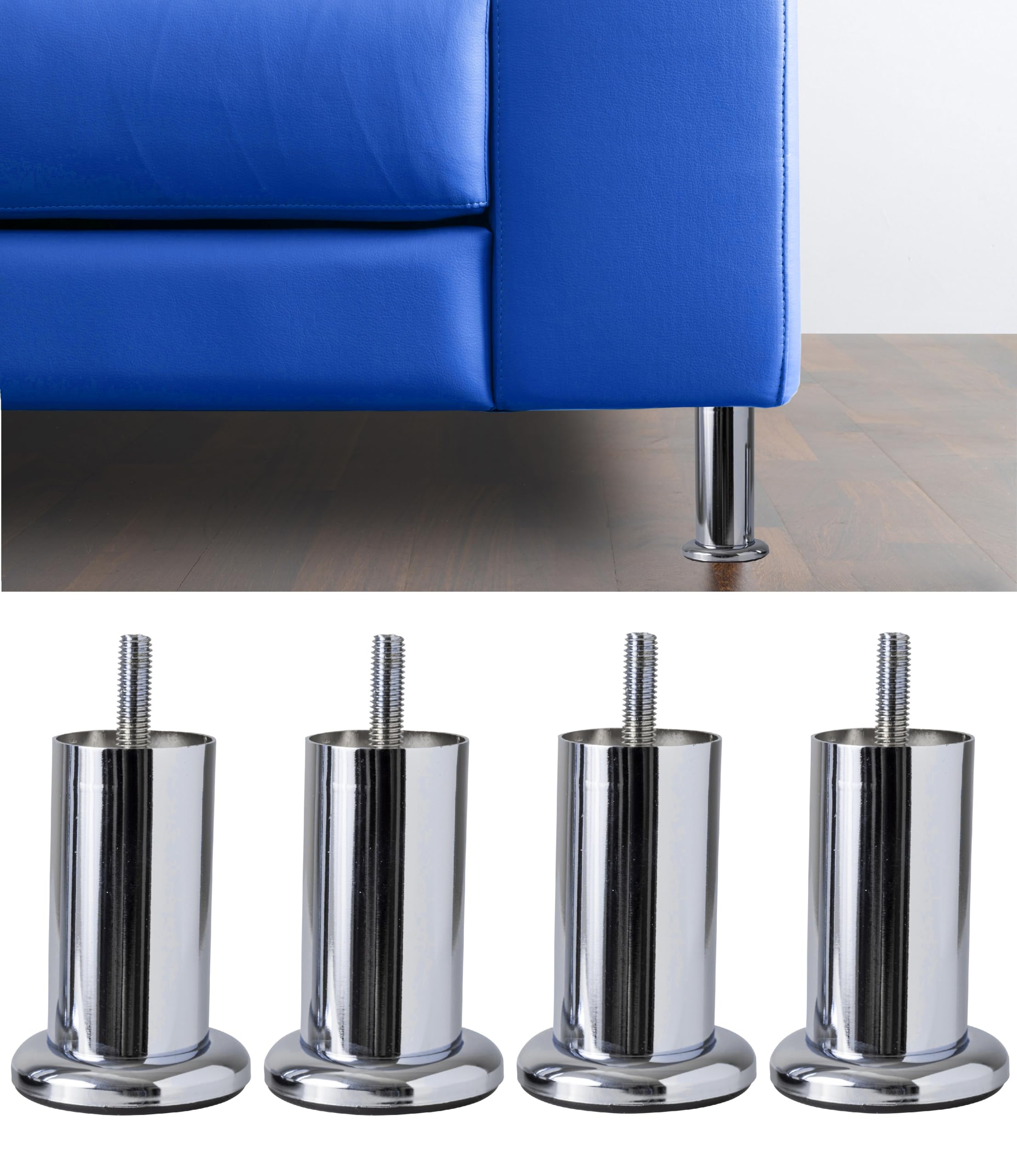 IPEA 4X Aquamarine Furniture Feet with Base - Set of 4 Iron Legs - Minimal Design Feet for Armchairs and Cabinets - Chrome Colour - Height 100 mm