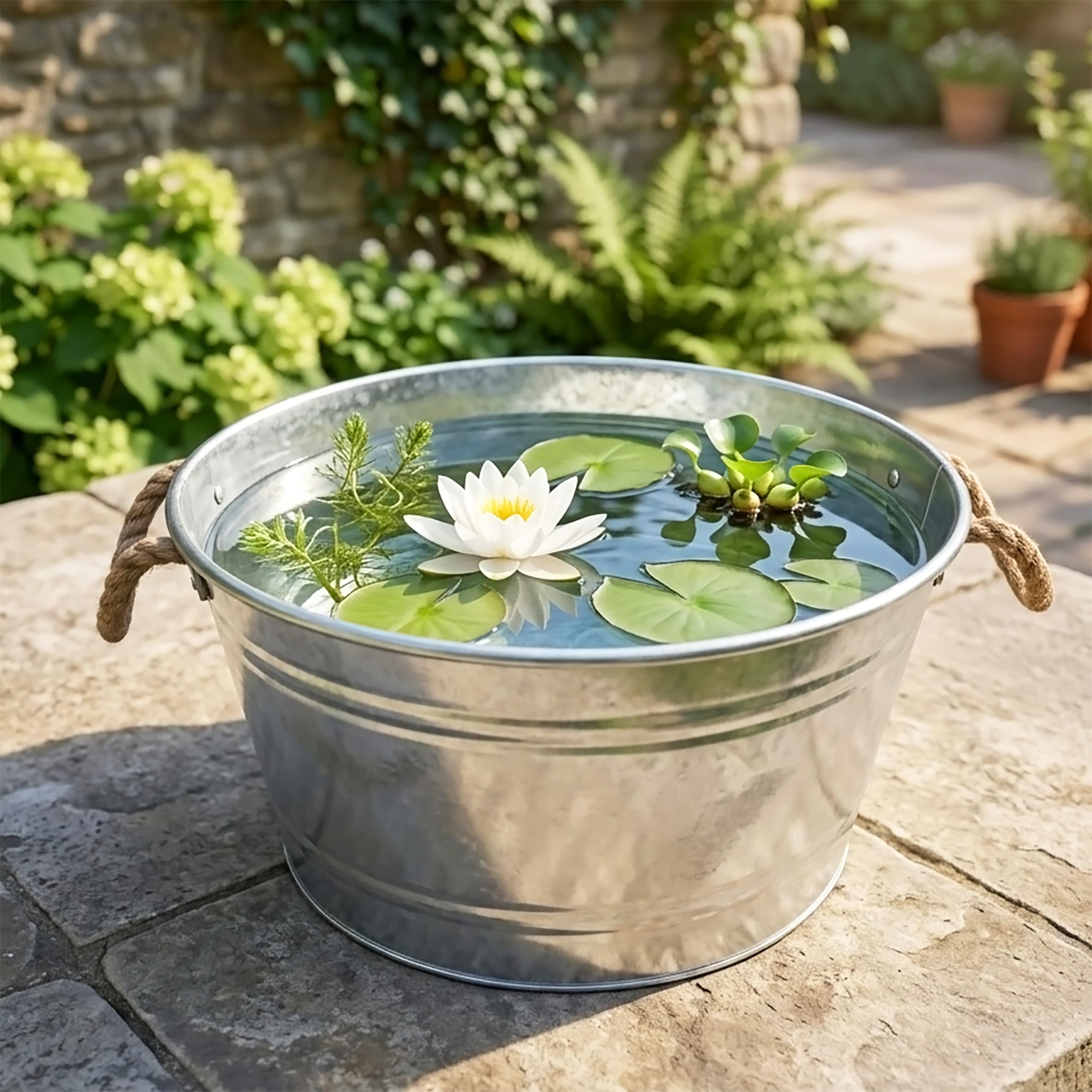 Spetebo Bandeja de zinc para estanque ornamental, 25 L, con asas de cuerda de yute, 45 x 22 cm, cuenco redondo plateado galvanizado para jardín, mini estanque de jardín, macetero, macetero, decoración