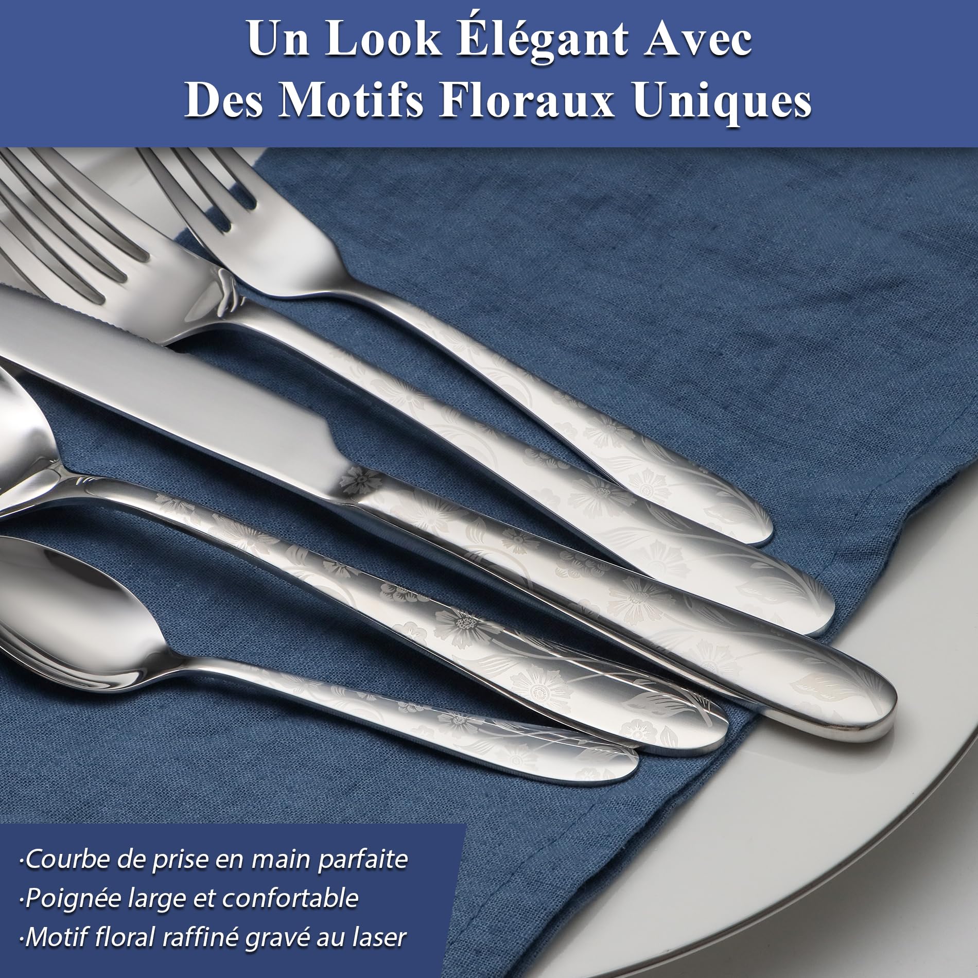Lot de 60 Couverts de Table Inox pour 12 Personnes, Couteau Fourchette Cuillère, Motif Unique, Finition Brillante, Idéal Maison Cuisine, Lavable au Lave-Vaisselle
