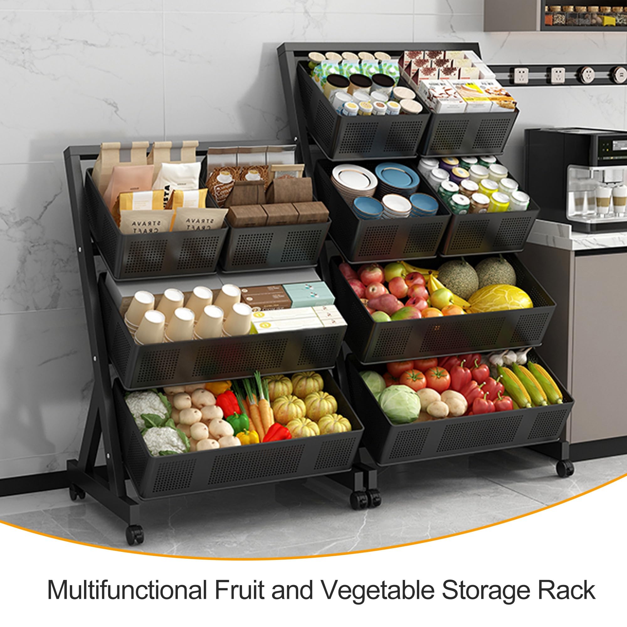 Estante Expositor de Dulces y Snacks de 3/4 Niveles, de pie, para Cocina, Organizador Angular para Patatas Fritas, Frutas, supermercado y despensa (Negro, 4 Niveles - 119 cm)