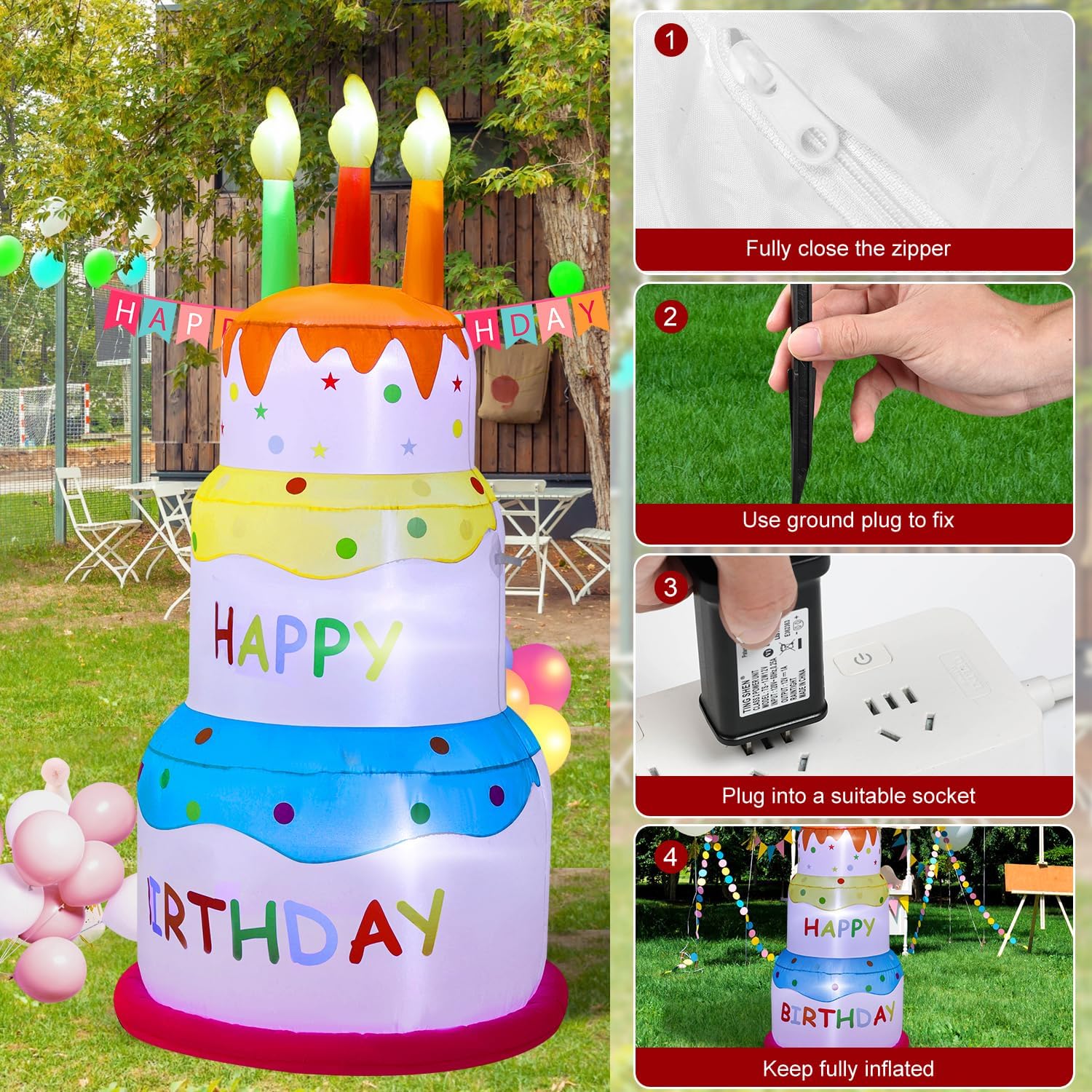 6ft Birthday Cake Party Outdoor Inflatable Decoration, Outdoor Inflatable Decoration with LDE Lights, Birthday Inflatable Decoration for Garden, Patio, Lawn