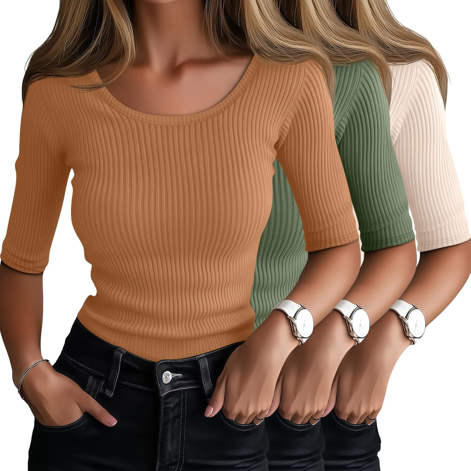 Ficerd 3 Pack Elbow Length Shirts for Women Half 1/2 Sleeve Tops Scoop Neck Ribbed Slim Fit Basic Tee 2025 Summer Trendy