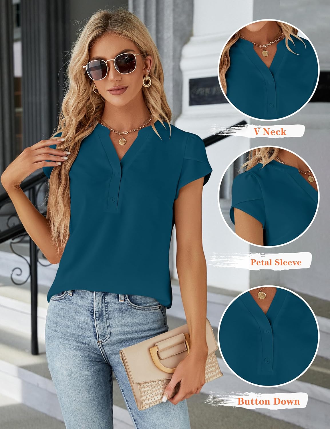 Blooming Jelly Women's Dressy Casual Tops Business Work Blouses White Button Down Shirts Cap Sleeve V Neck Tshirt - Image 4