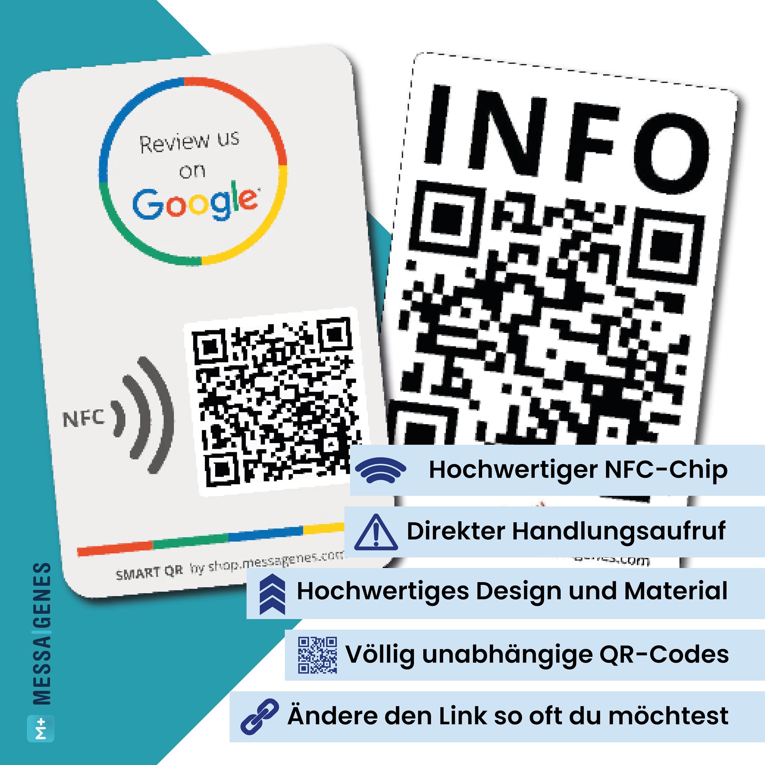 MESSAGENES | PVC-Karte Bewertung auf Google QR Code und NFC + INFO QR | Google Bewertung Aufsteller | PACK 2 Einheiten 12 x 8 cm | Schilder Bewertung NFC und QR Code | INFO + Google Review Card NFC