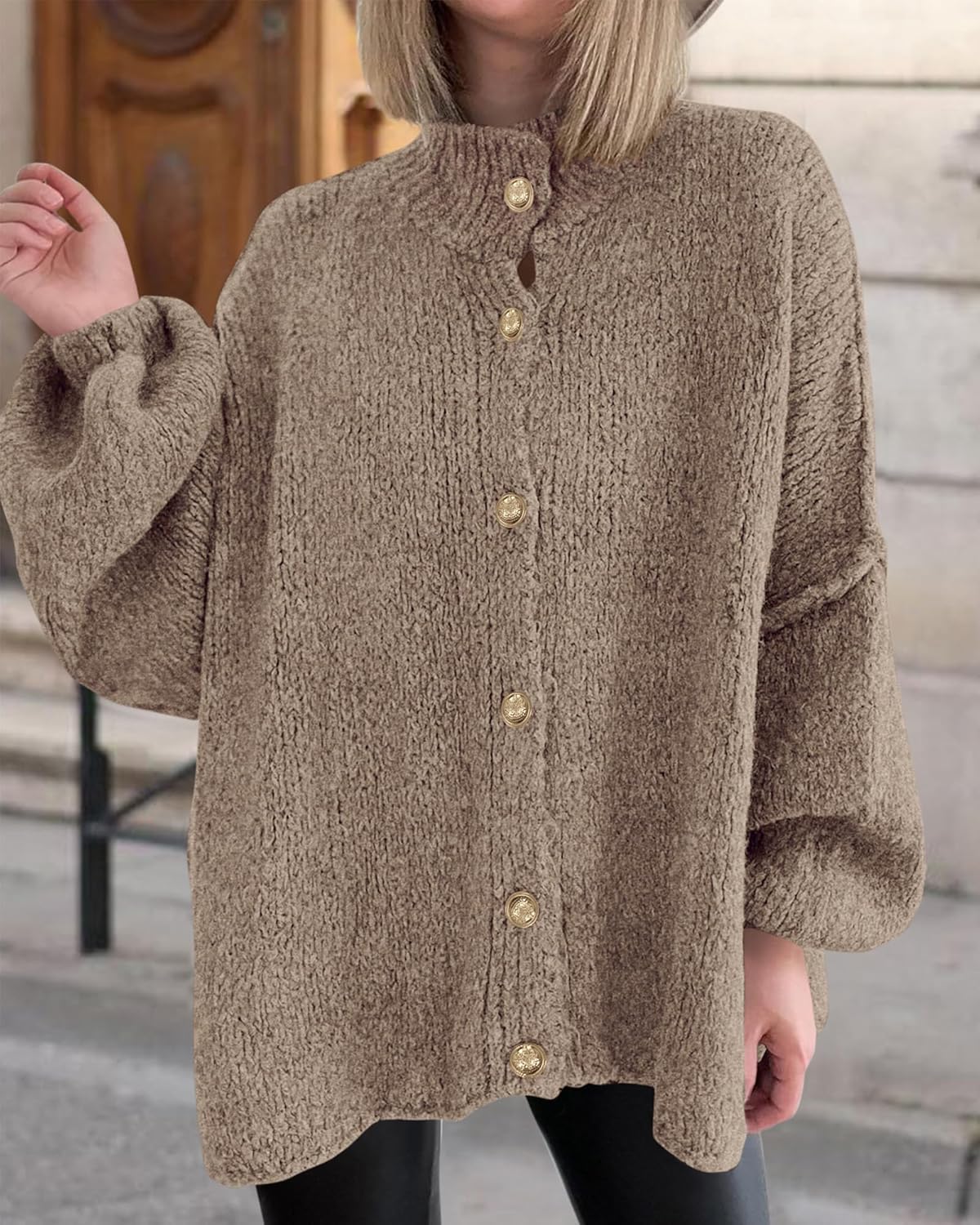 BTFBM Cardigan Sweaters for Women 2026 Fall Clothes Lantern Long Sleeve Button Open Front Chunky Knit Oversized Sweater - Image 7