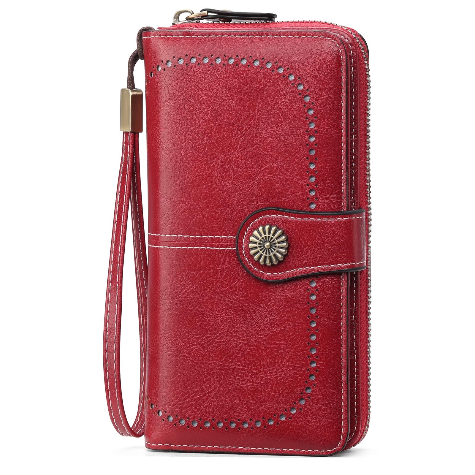 GOIACII Geldbörse Damen RFID Schutz Groß Leder Portmonee Gross für Frauen, Lang Geldbeutel Große Kapazität Portemonnaie Damen mit 13 Kartenfächer und Abnehmbarer Handschlaufe Rot