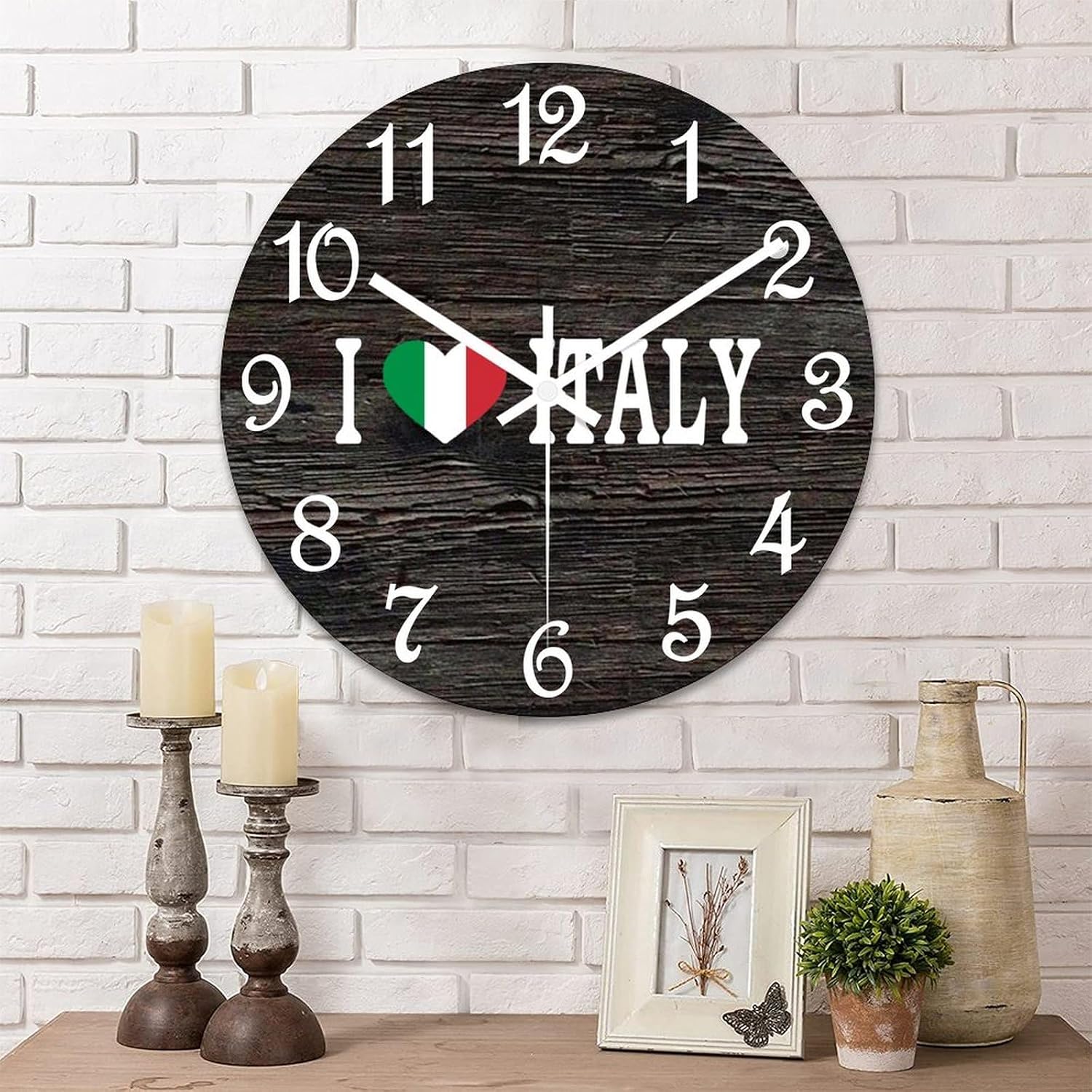 I Love Italy Wall Clock Flag of Italy Operated Silent Non-Ticking PVC Clock 15x15 Inch for Home Kitchen Bathroom Bedroom Living Room Decor