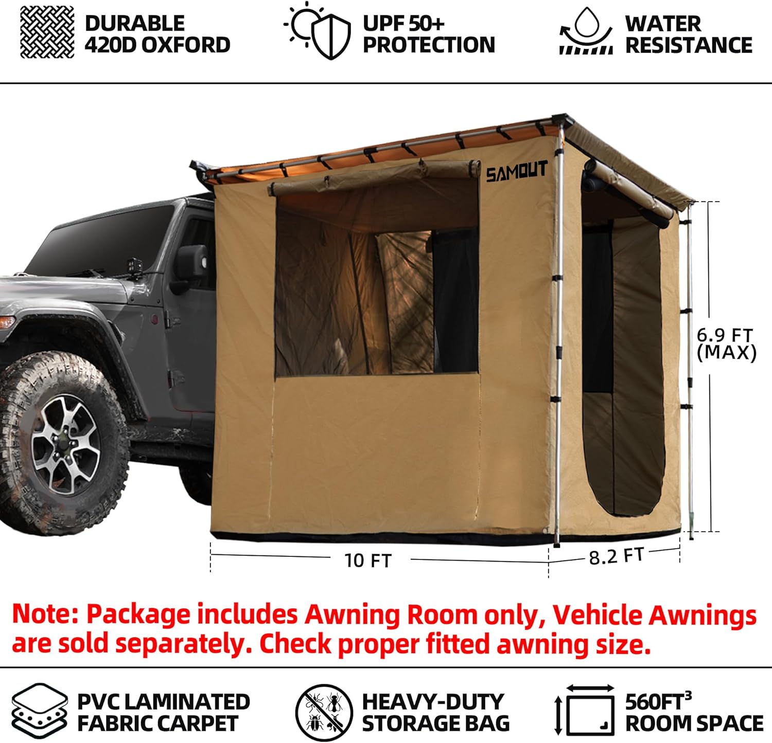 Vehicle Awning 8.2' x 10' Rip-Stop 420D Oxford Side Changing Room With PVC Floor, Waterproof & Wind Resistance, Easy Setup Design (Room Only)