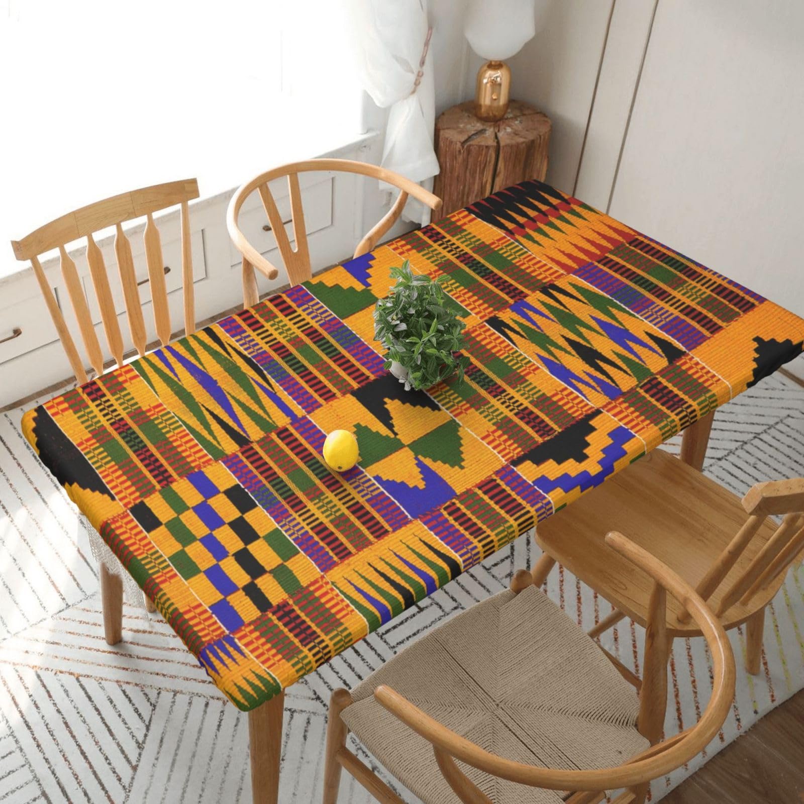 DCEHGEW Elastic Fitted Rectangle Tablecloth for 5ft Tables, African Ethnic Pattern Printed Oilproof & Washable Fabric Picnic Table Cloth Table Covers