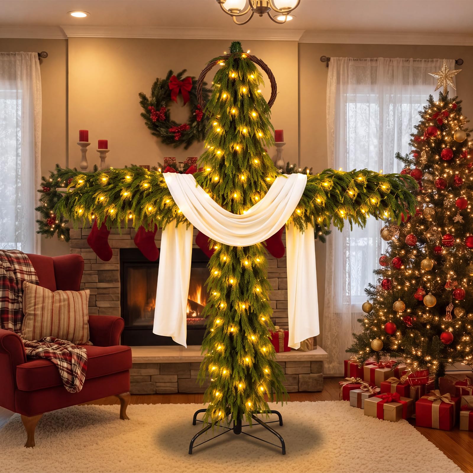 Junkin Árbol de Navidad de cruz de 6 pies con luces, decoración católica de