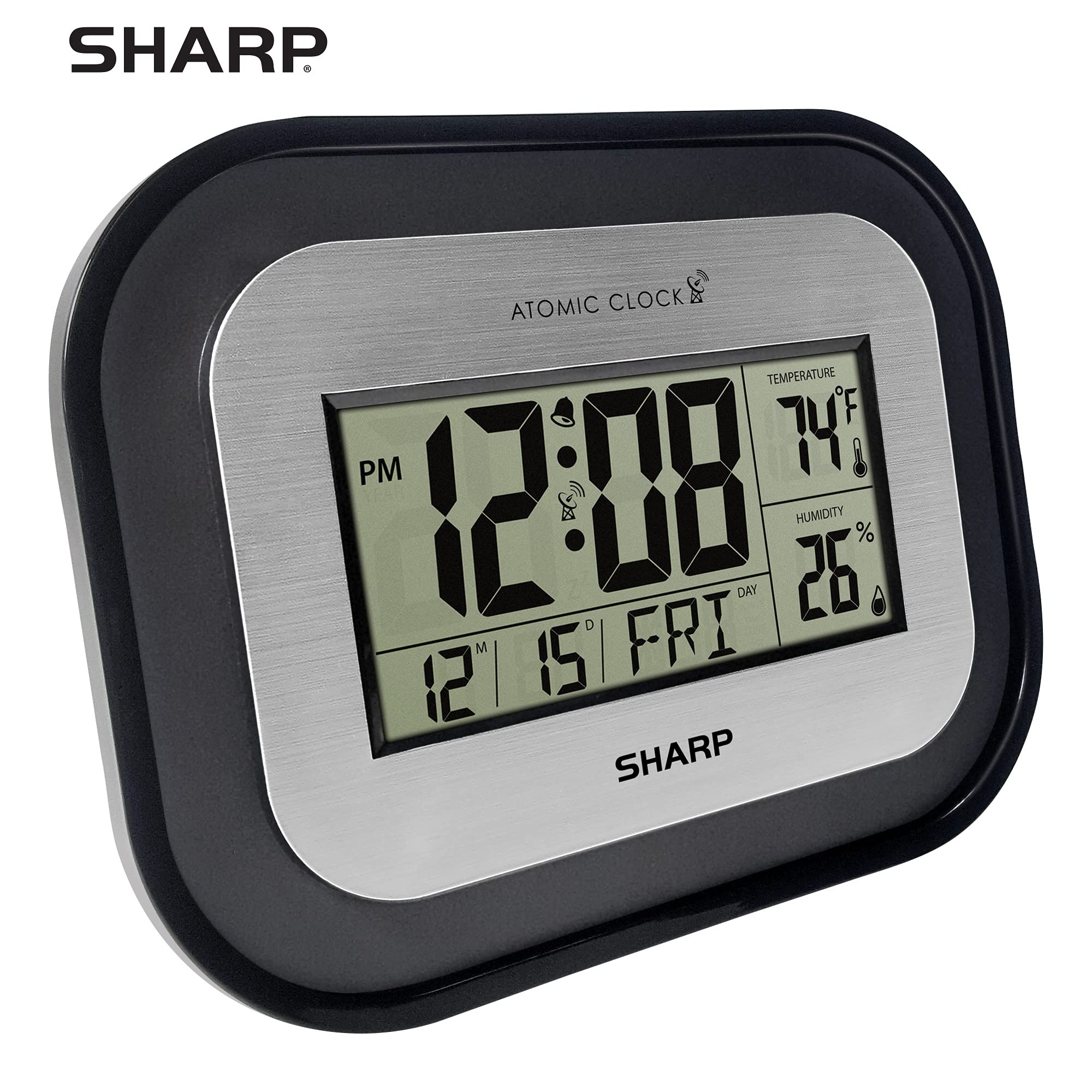 Sharp Digitale Wanduhr, Selbsteinstellende Atomuhr mit Temperatur, Luftfeuchtigkeit und Datum, Batteriebetriebene Digitaluhr Großes Display, Schwarz mit gebürsteten Silberakzenten