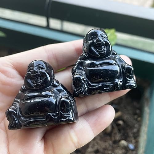 Vista 25 de Estatua de Buda feliz de Maitreya de piedra tallada a mano, escultura de bolsillo de cristal curativo, decoración de 1.5 pulgadas de alto
