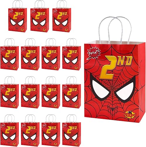 W SXHTKJIN Bolsas de fiesta de cumpleaños de araña, bolsas de papel de superhéroe, 16 piezas con tema de telaraña para 2 cumpleaños, suministros y
