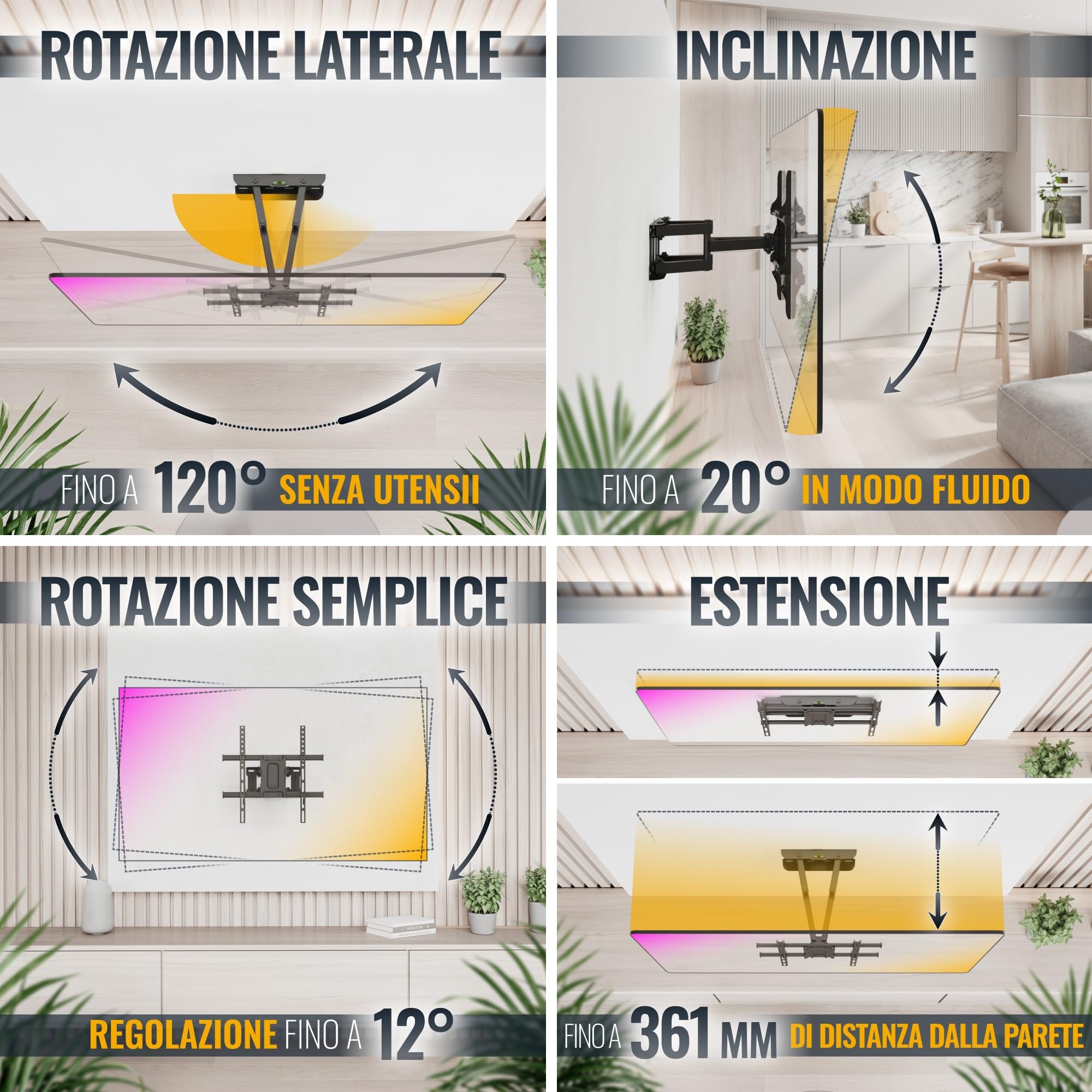 RICOO S7244 Supporto TV da parete Staffa TV 55-65 pollici per 55 60 65 pollici girevole inclinabile fino a 60 kg max VESA 400x400
