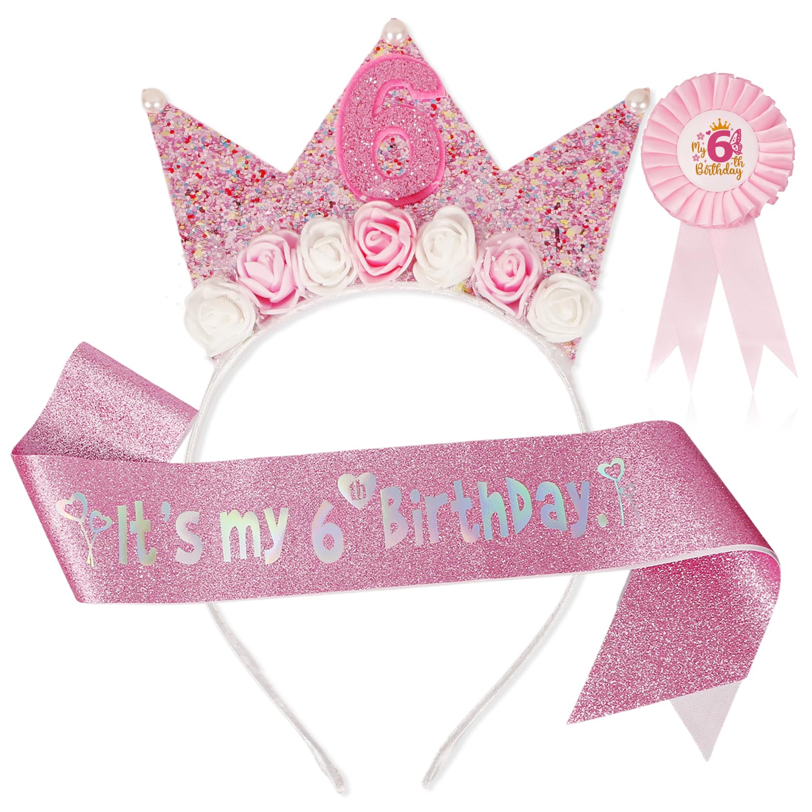 Bliceon 6th Birthday Girl Headband Sash and Girl Badge with Pin, 3 Piece Pink Glitter Princess Party Decorations for Girls, Party Supplies, Daughter, Granddaughter, Niece, 6th Birthday Gifts