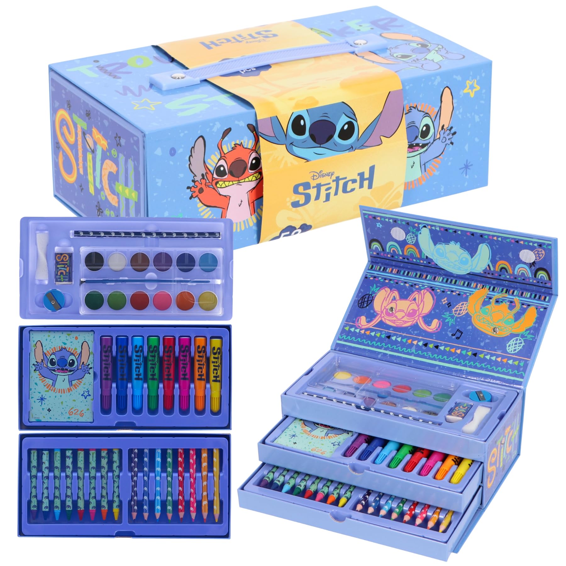 Stitch - Valigetta da colorare per bambini – Set da colorare blu da 52 pezzi con scatola di colori, matite colorate, pennarelli e pastelli a cera – Valigetta da disegno a 3 piani – Set creativo e